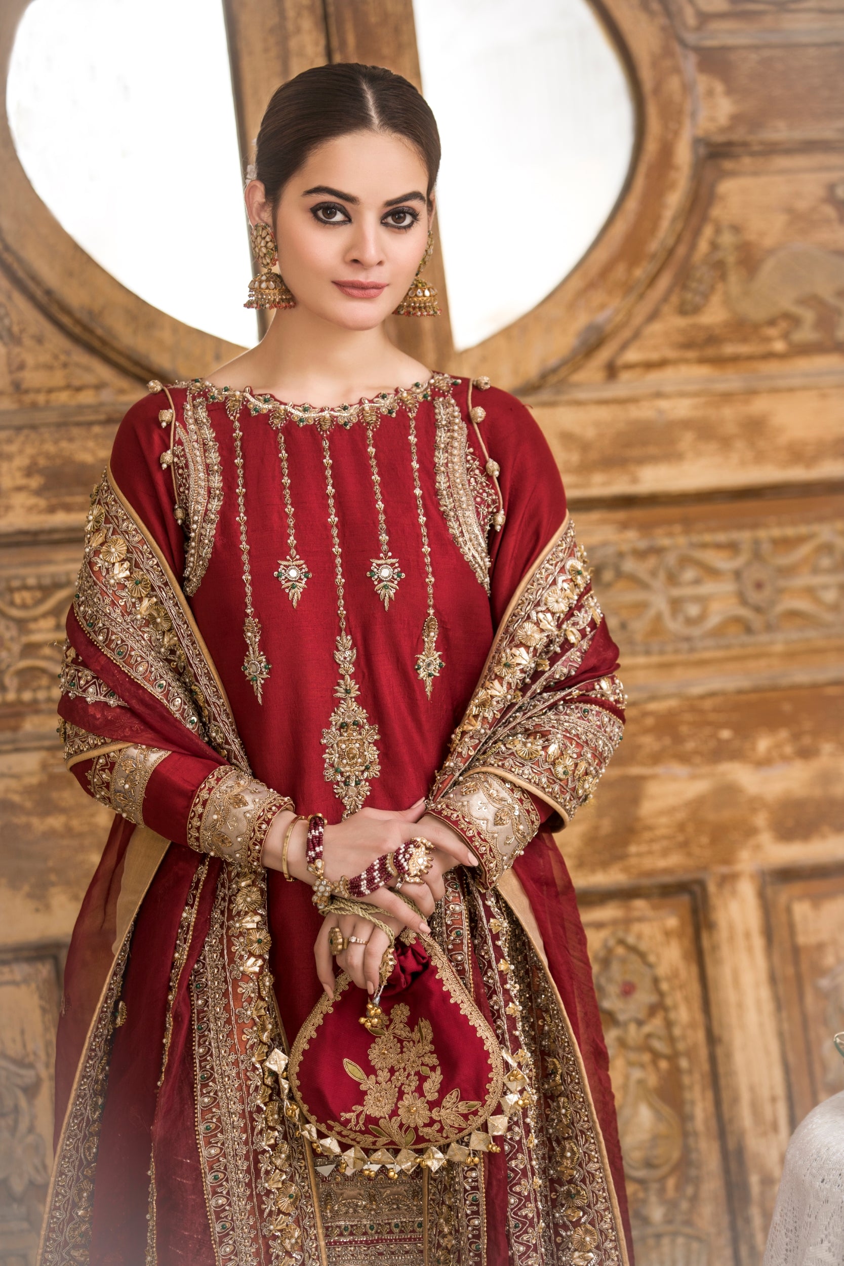 Deep Maroon Zardozi Silk Bridal Sharara (3-Piece) - Image 1