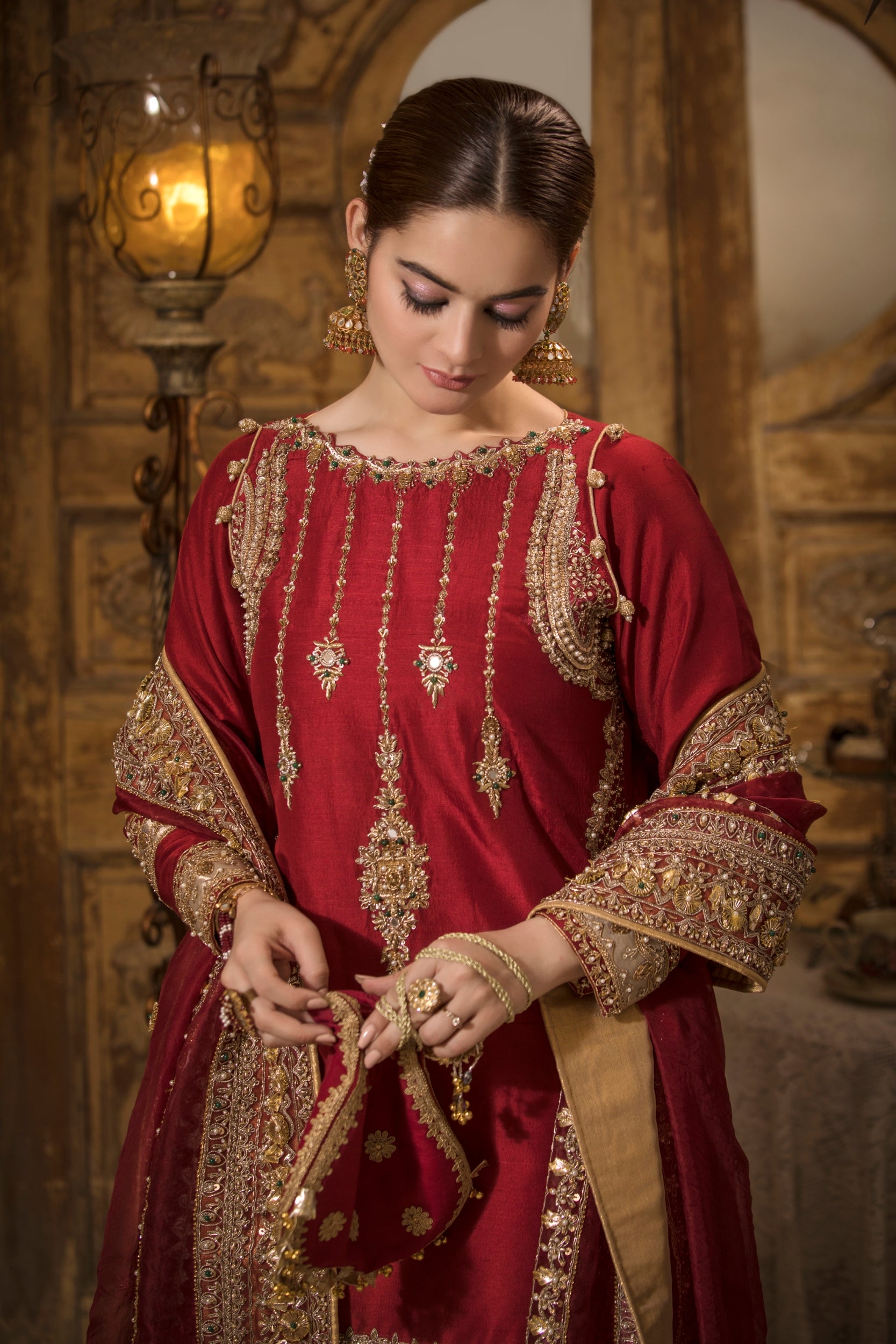 Deep Maroon Zardozi Silk Bridal Sharara (3-Piece) - Image 3
