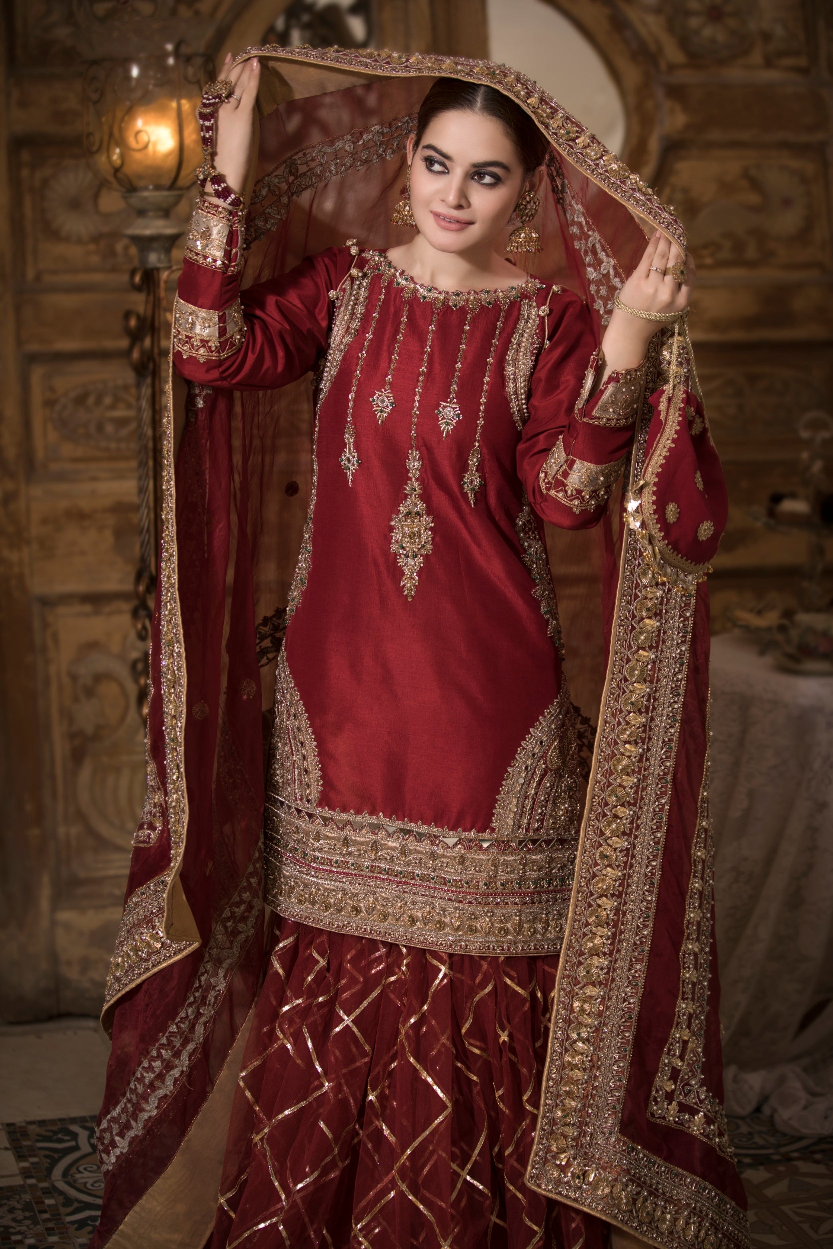 Deep Maroon Zardozi Silk Bridal Sharara (3-Piece) - Image 5