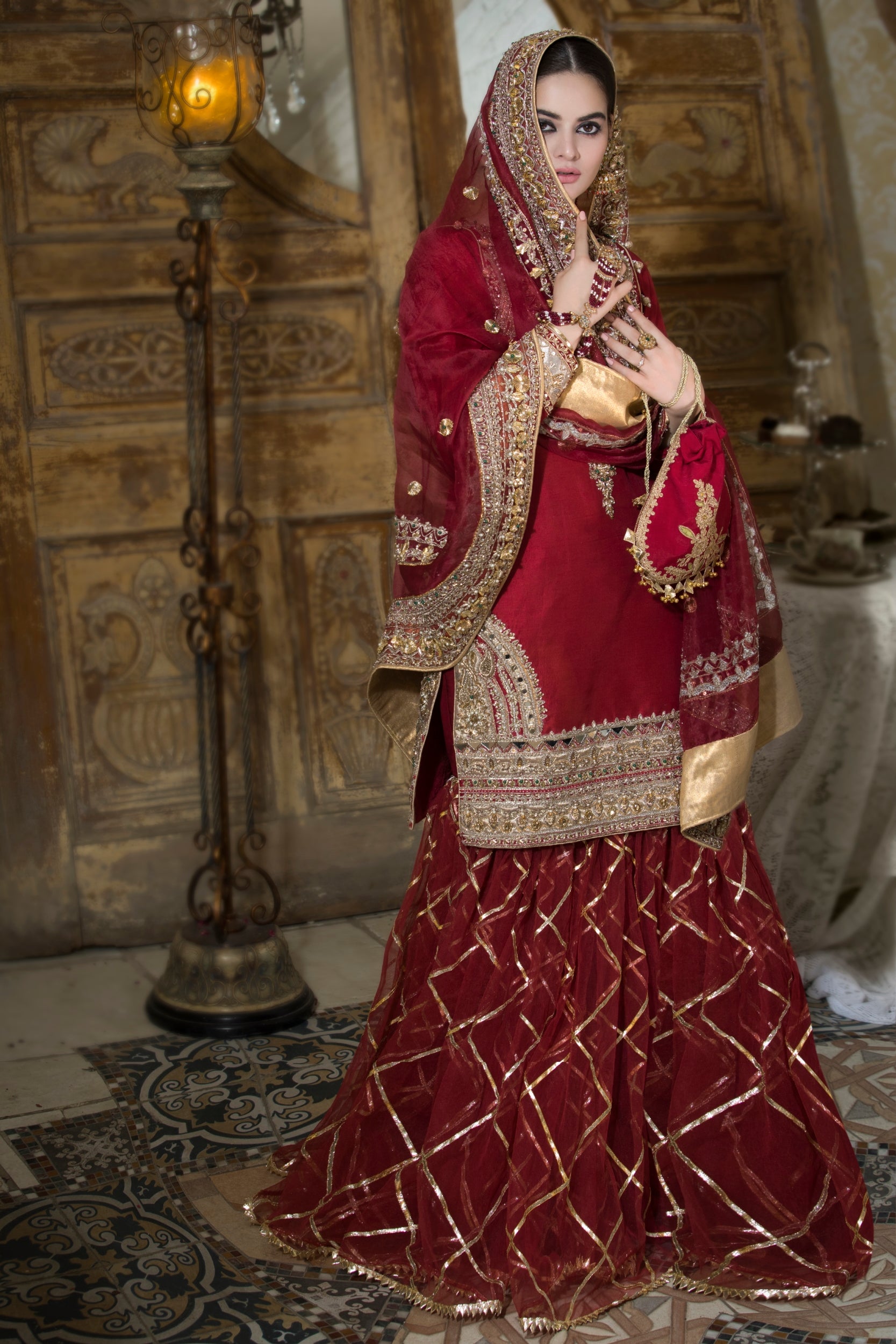 Deep Maroon Zardozi Silk Bridal Sharara (3-Piece) - Image 7