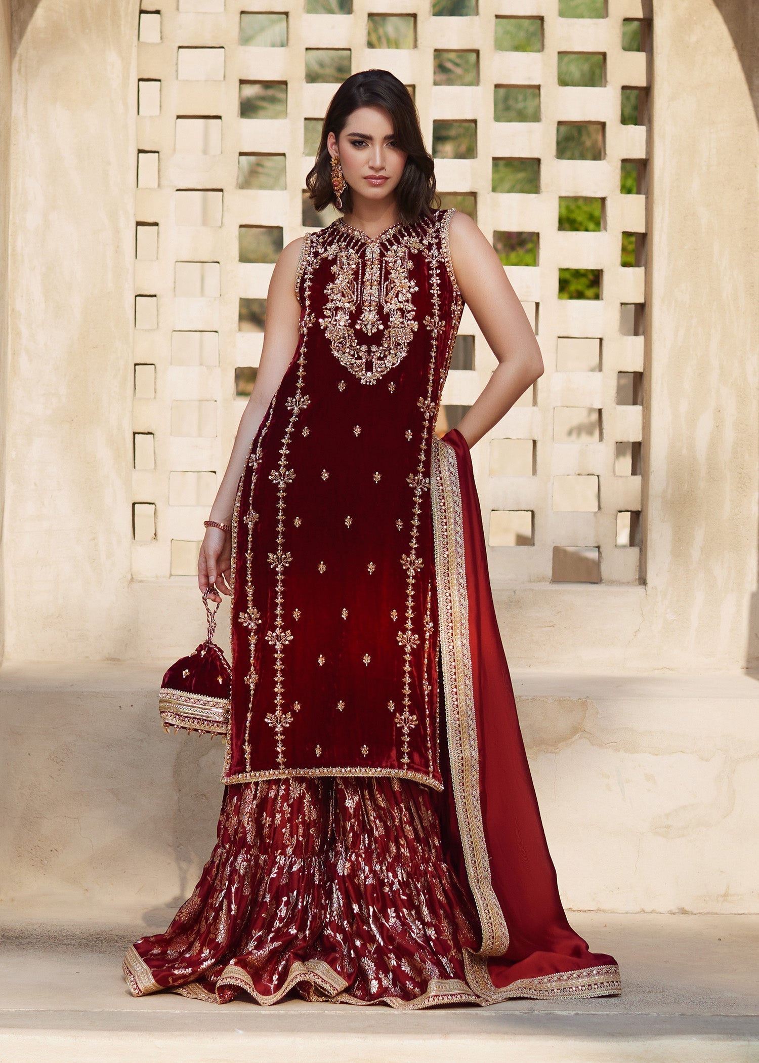Maroon Embellished Velvet Sharara Set (3-Piece) - Image 1