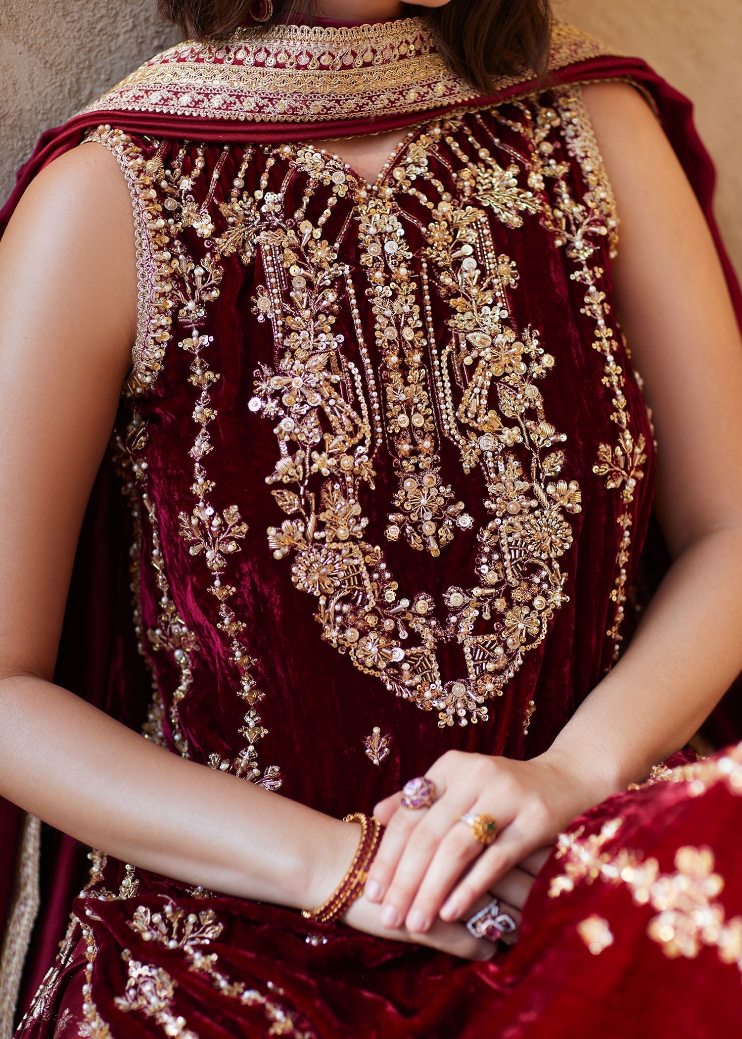 Maroon Embellished Velvet Sharara Set (3-Piece) - Image 2