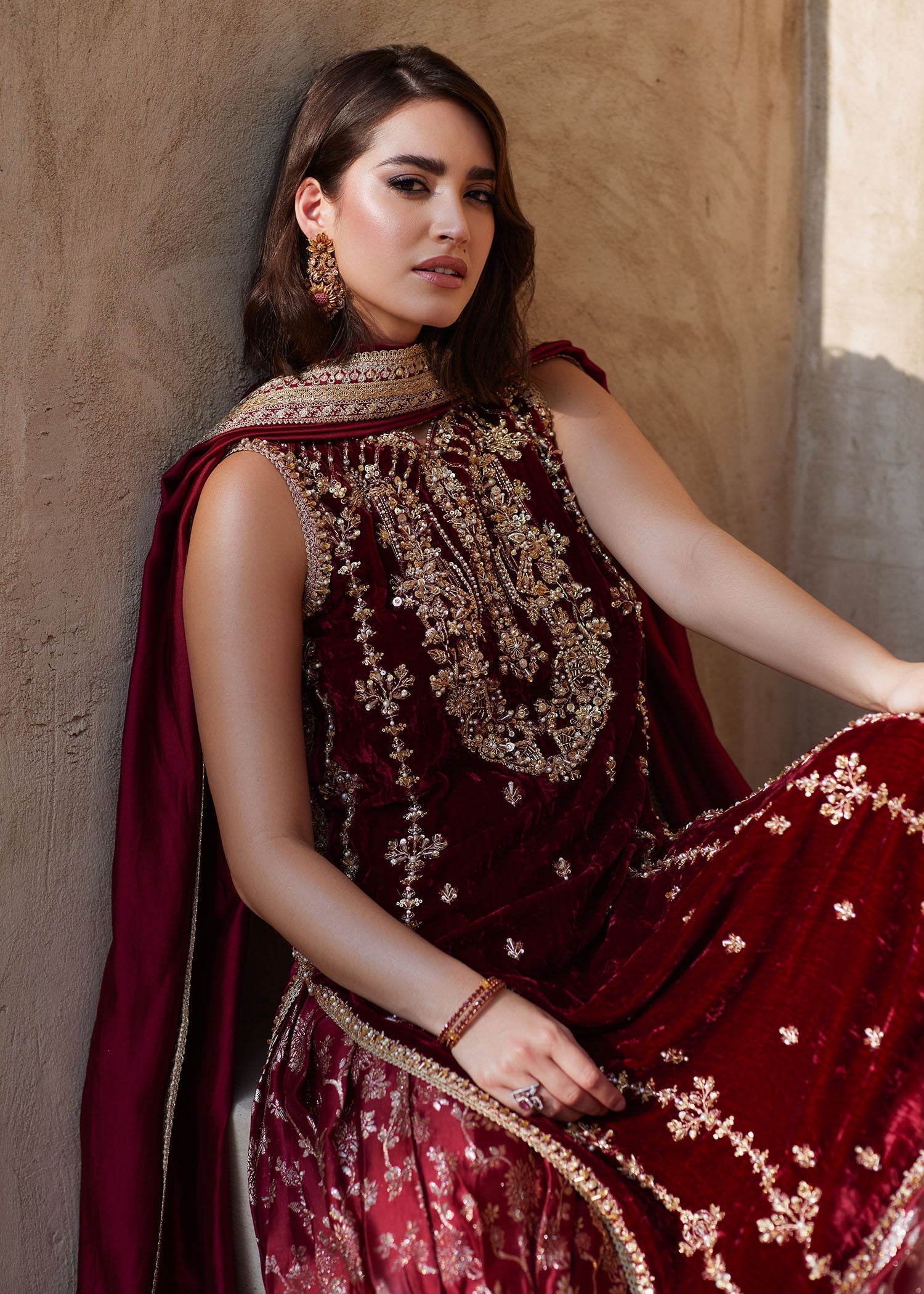 Maroon Embellished Velvet Sharara Set (3-Piece) - Image 3