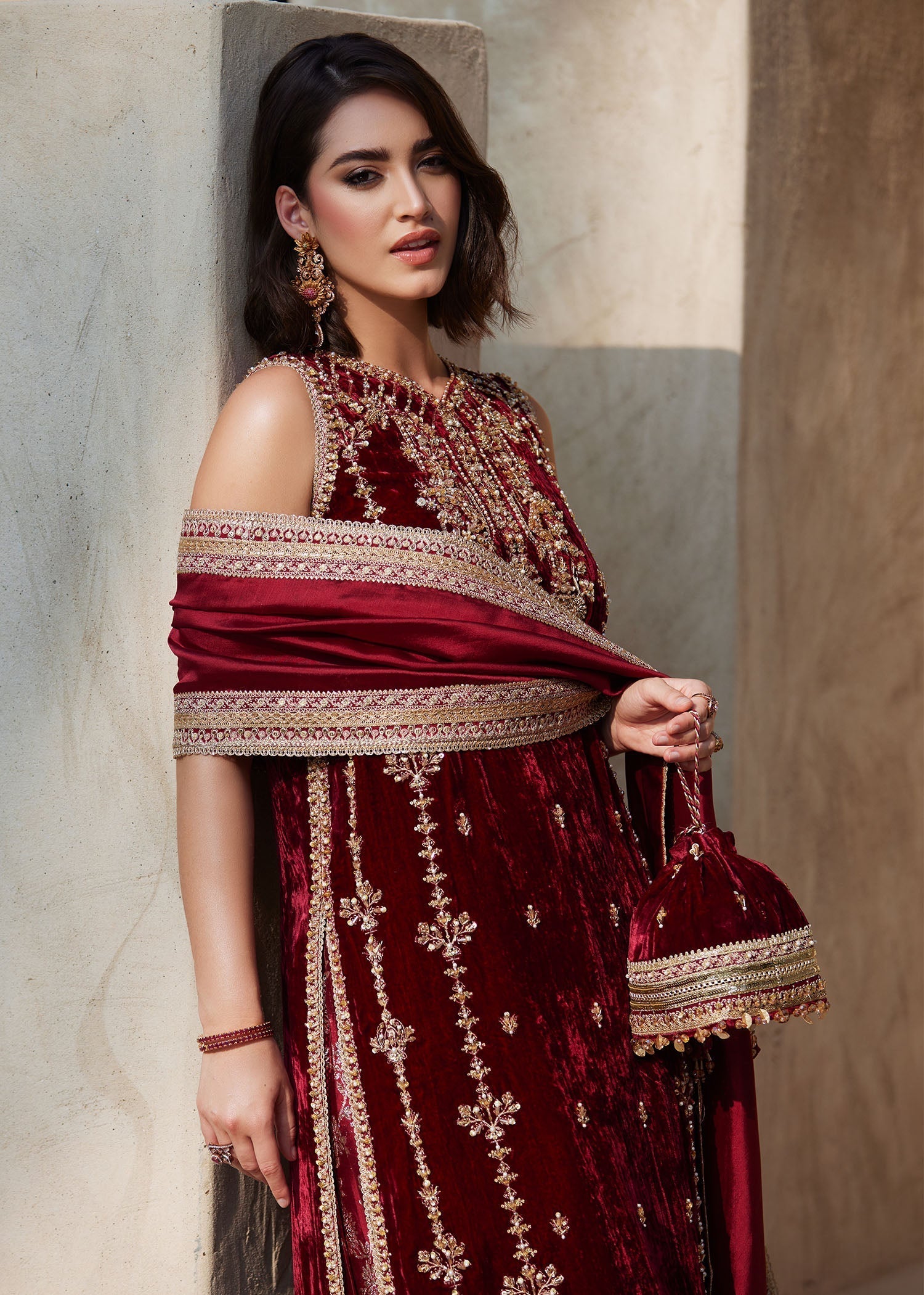 Maroon Embellished Velvet Sharara Set (3-Piece) - Image 4
