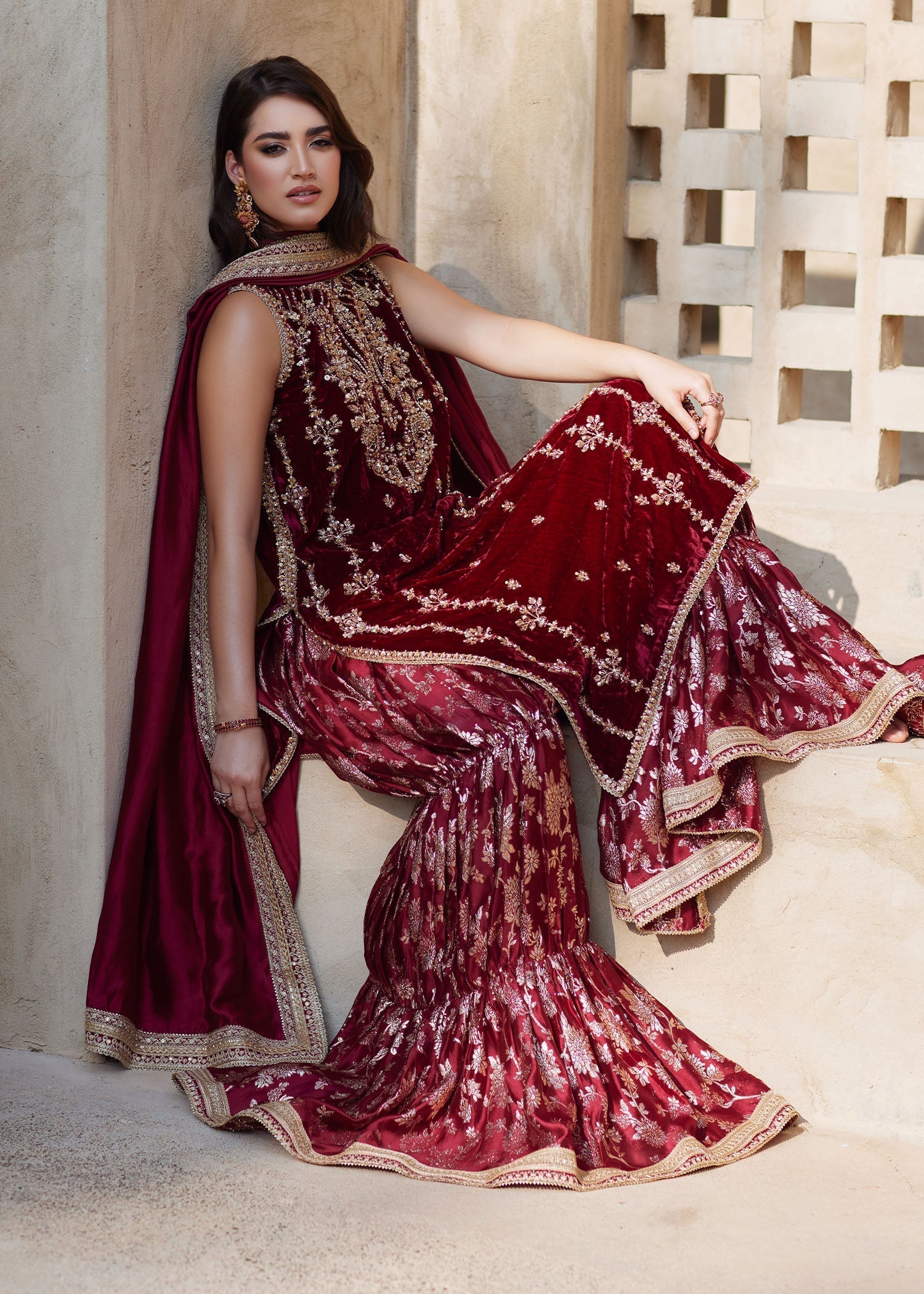Maroon Embellished Velvet Sharara Set (3-Piece) - Image 5