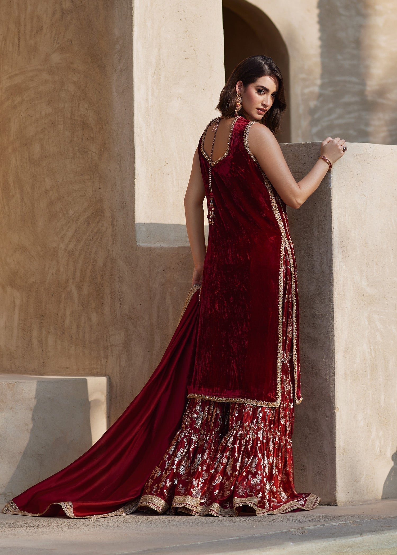 Maroon Embellished Velvet Sharara Set (3-Piece) - Image 6