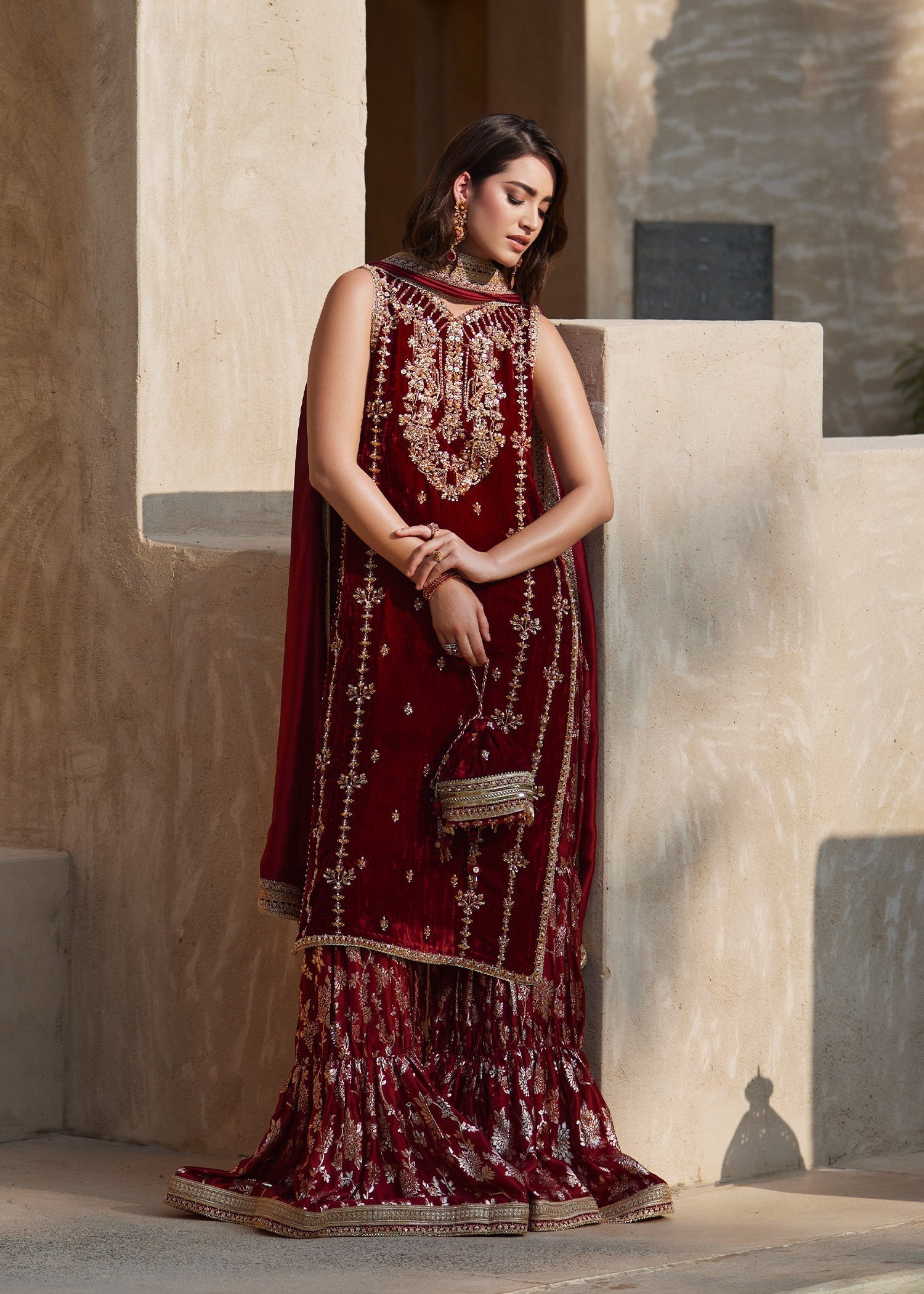 Maroon Embellished Velvet Sharara Set (3-Piece) - Image 7