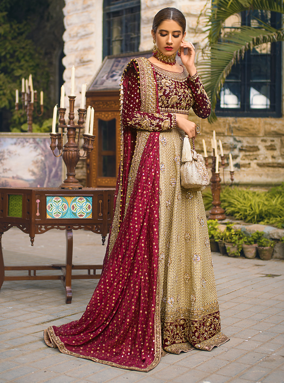 Pakistani Maroon Embroidered Velvet & Gold Jacquard Sharara (3-Piece) - Image 1