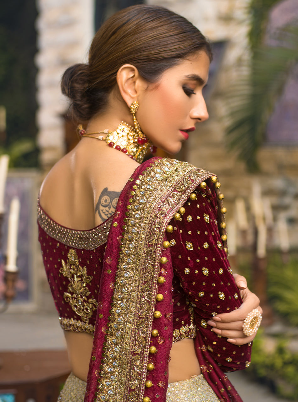 Pakistani Maroon Embroidered Velvet & Gold Jacquard Sharara (3-Piece) - Image 2