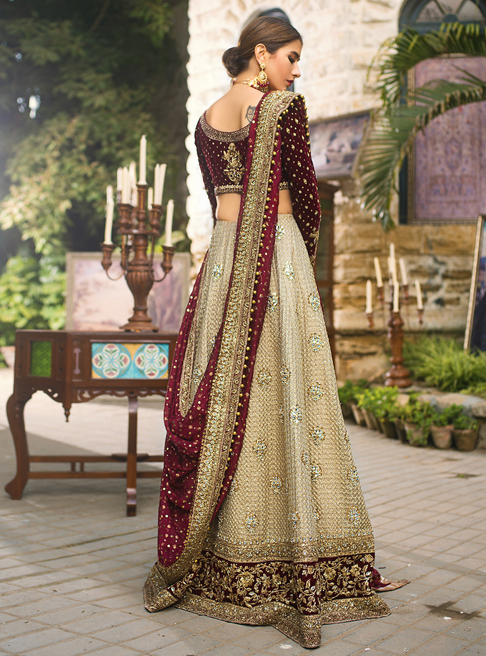 Pakistani Maroon Embroidered Velvet & Gold Jacquard Sharara (3-Piece) - Image 3