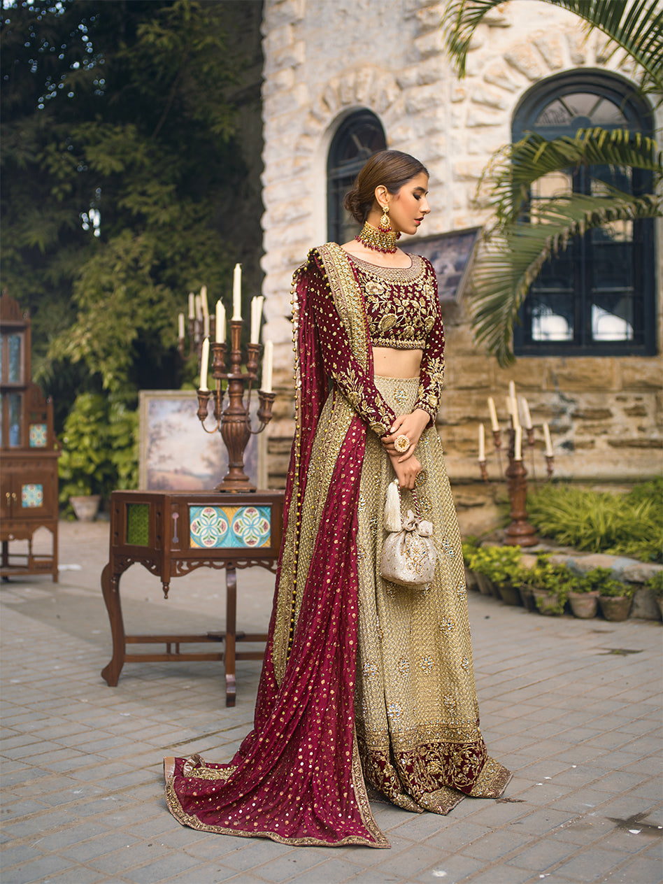 Pakistani Maroon Embroidered Velvet & Gold Jacquard Sharara (3-Piece) - Image 4