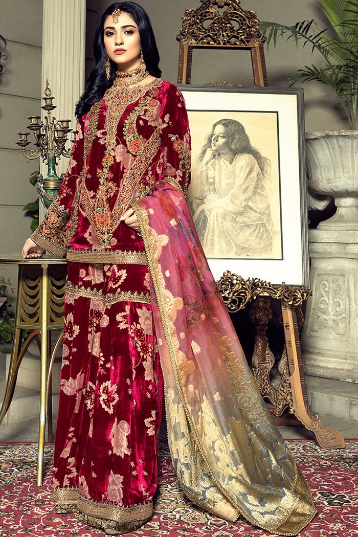Pakistani Deep Crimson Velvet Embroidered Sharara Dress (3-Piece) - Image 1