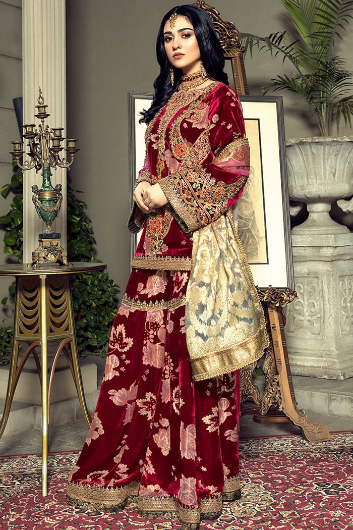 Pakistani Deep Crimson Velvet Embroidered Sharara Dress (3-Piece) - Image 2