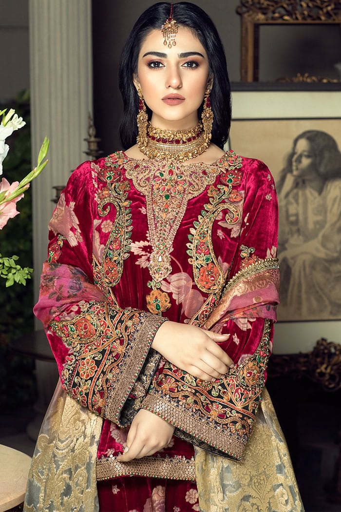 Pakistani Deep Crimson Velvet Embroidered Sharara Dress (3-Piece) - Image 3
