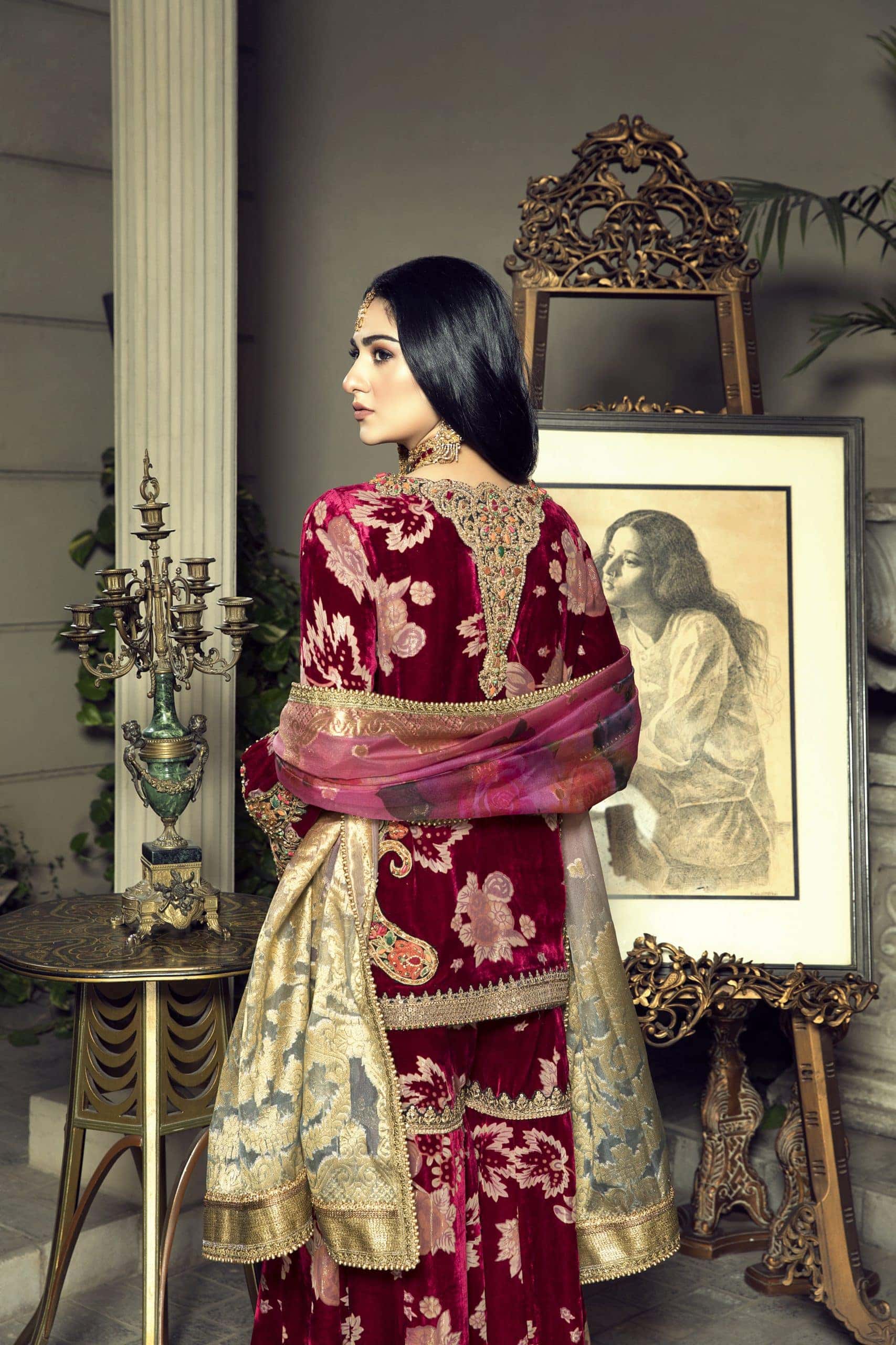 Pakistani Deep Crimson Velvet Embroidered Sharara Dress (3-Piece) - Image 4