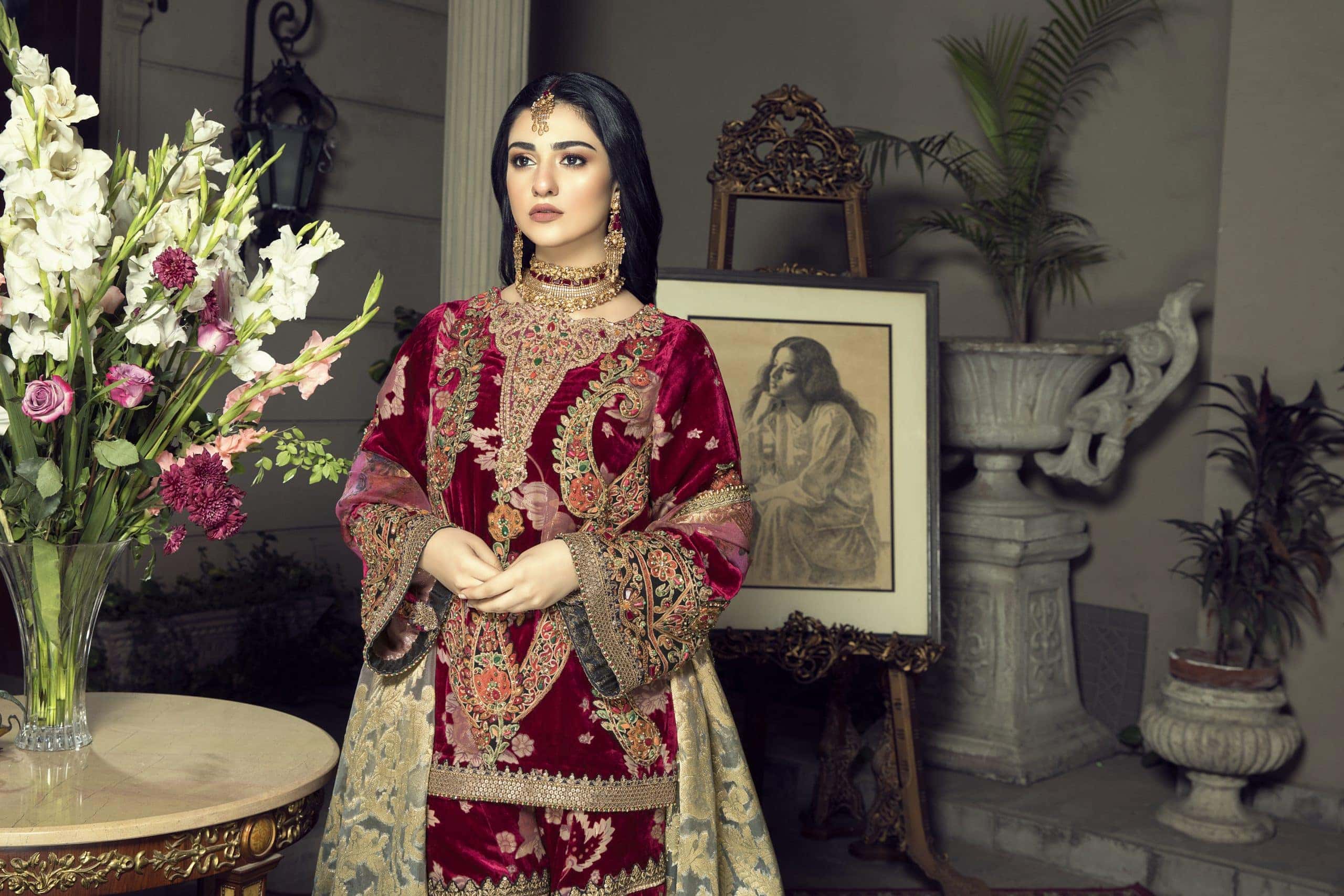 Pakistani Deep Crimson Velvet Embroidered Sharara Dress (3-Piece) - Image 5