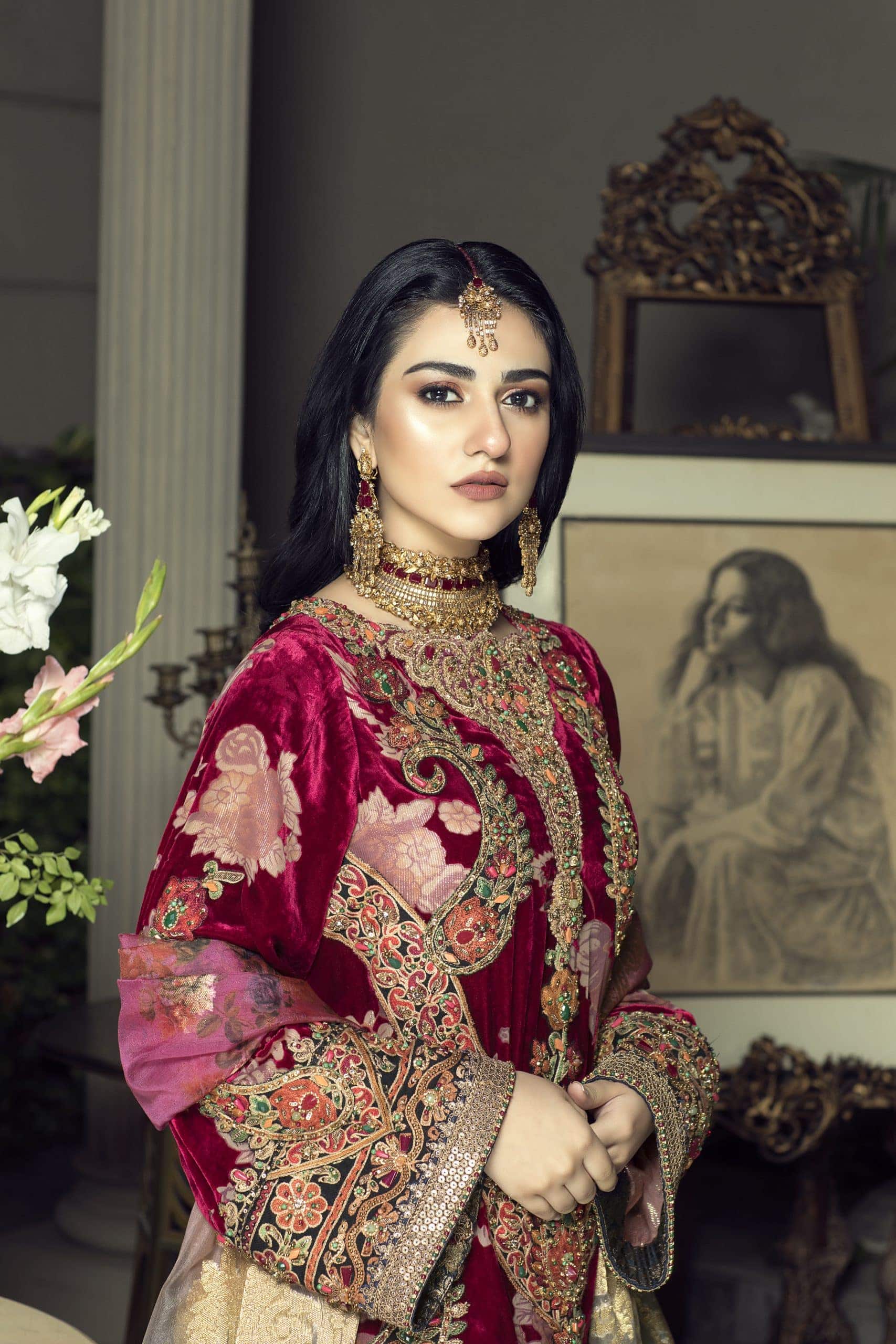 Pakistani Deep Crimson Velvet Embroidered Sharara Dress (3-Piece) - Image 6