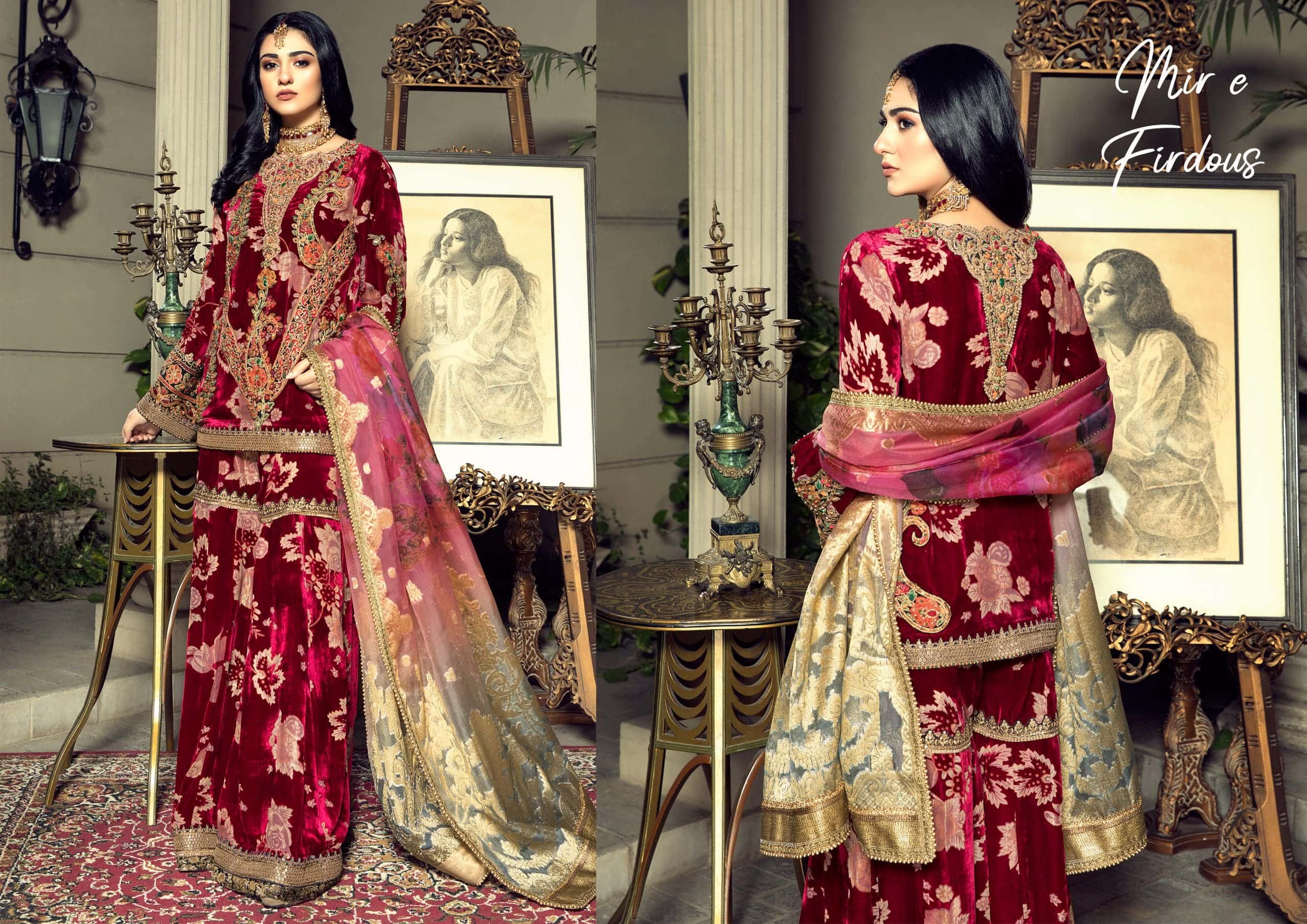 Pakistani Deep Crimson Velvet Embroidered Sharara Dress (3-Piece) - Image 8