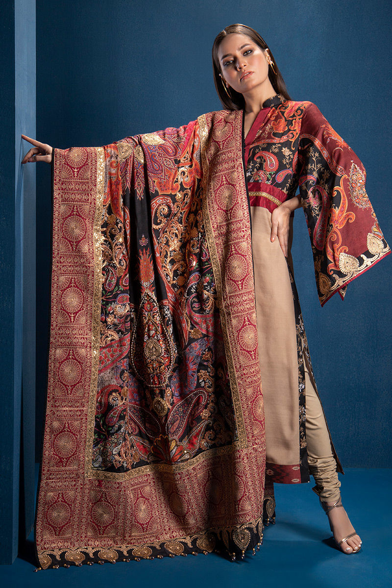 Pakistani Deep Maroon & Black Embellished Silk Shawl (1-Pc) - Image 1