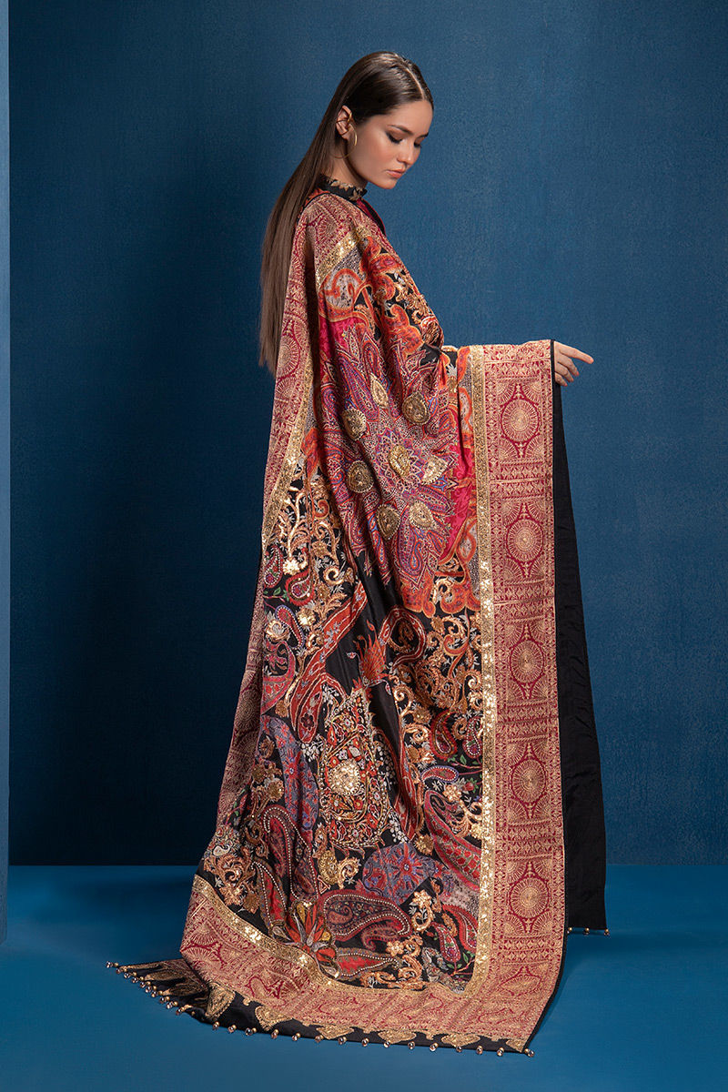 Pakistani Deep Maroon & Black Embellished Silk Shawl (1-Pc) - Image 4