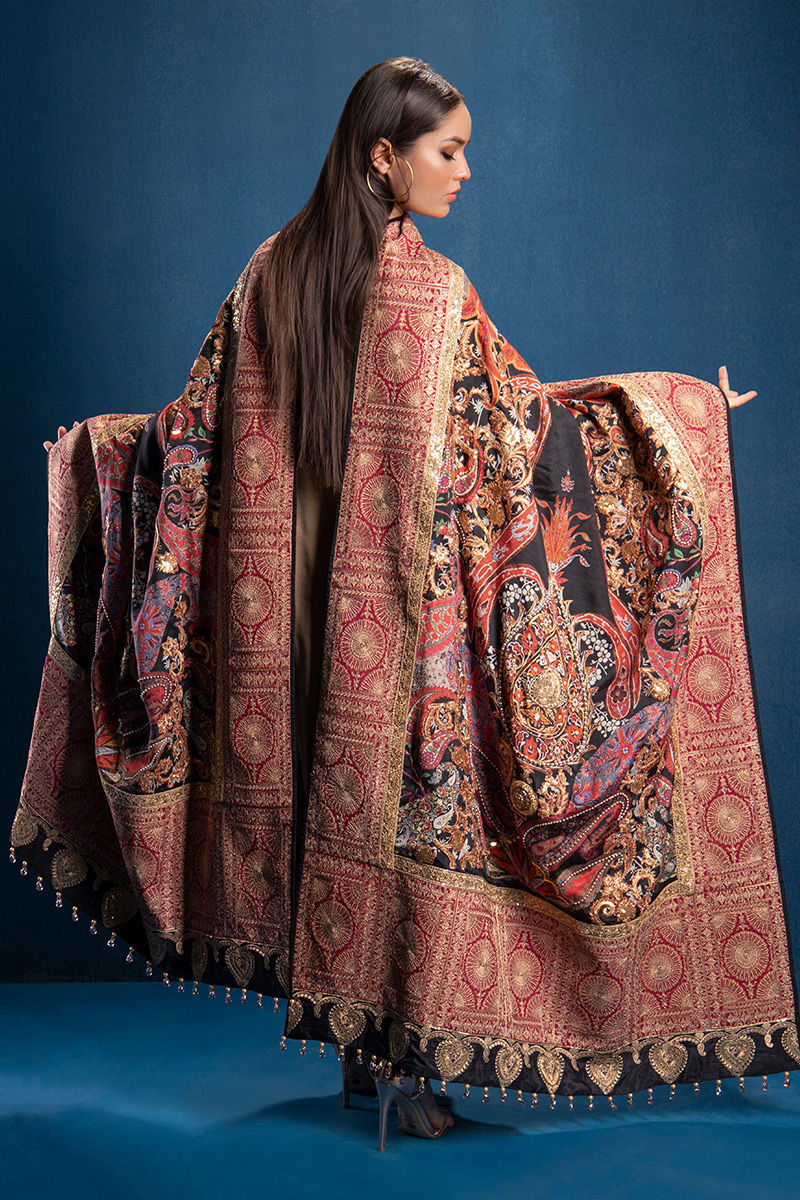 Pakistani Deep Maroon & Black Embellished Silk Shawl (1-Pc) - Image 5