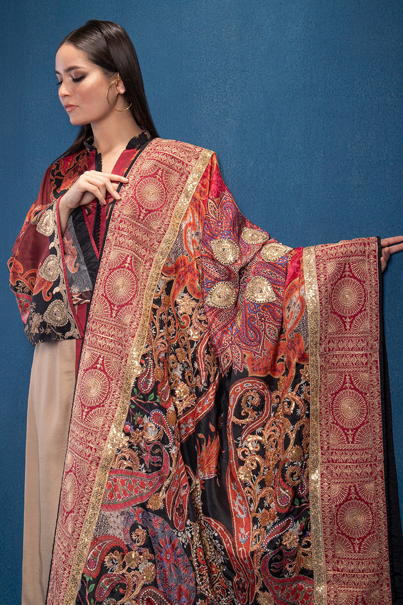 Pakistani Deep Maroon & Black Embellished Silk Shawl (1-Pc) - Image 6