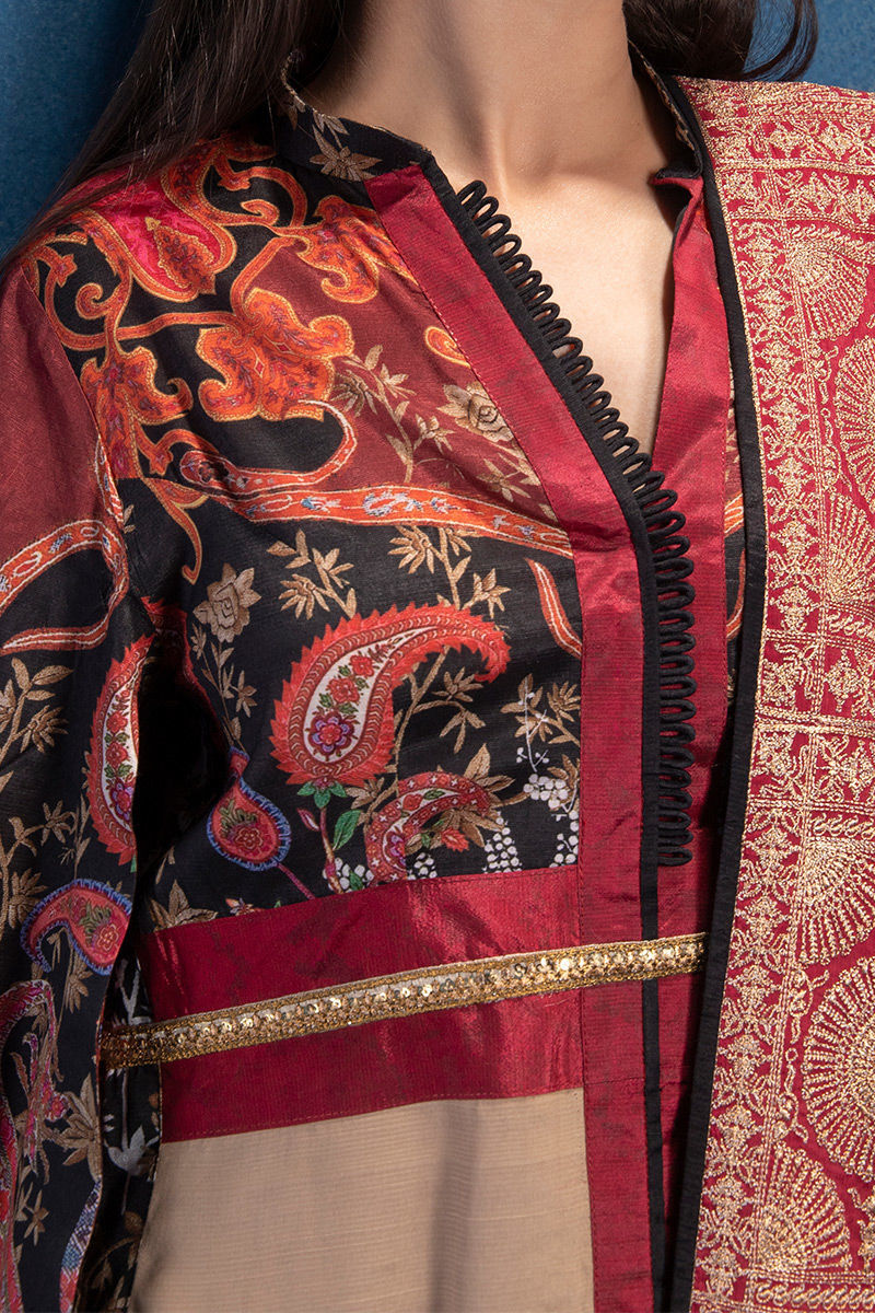 Pakistani Deep Maroon & Black Embellished Silk Shawl (1-Pc) - Image 7