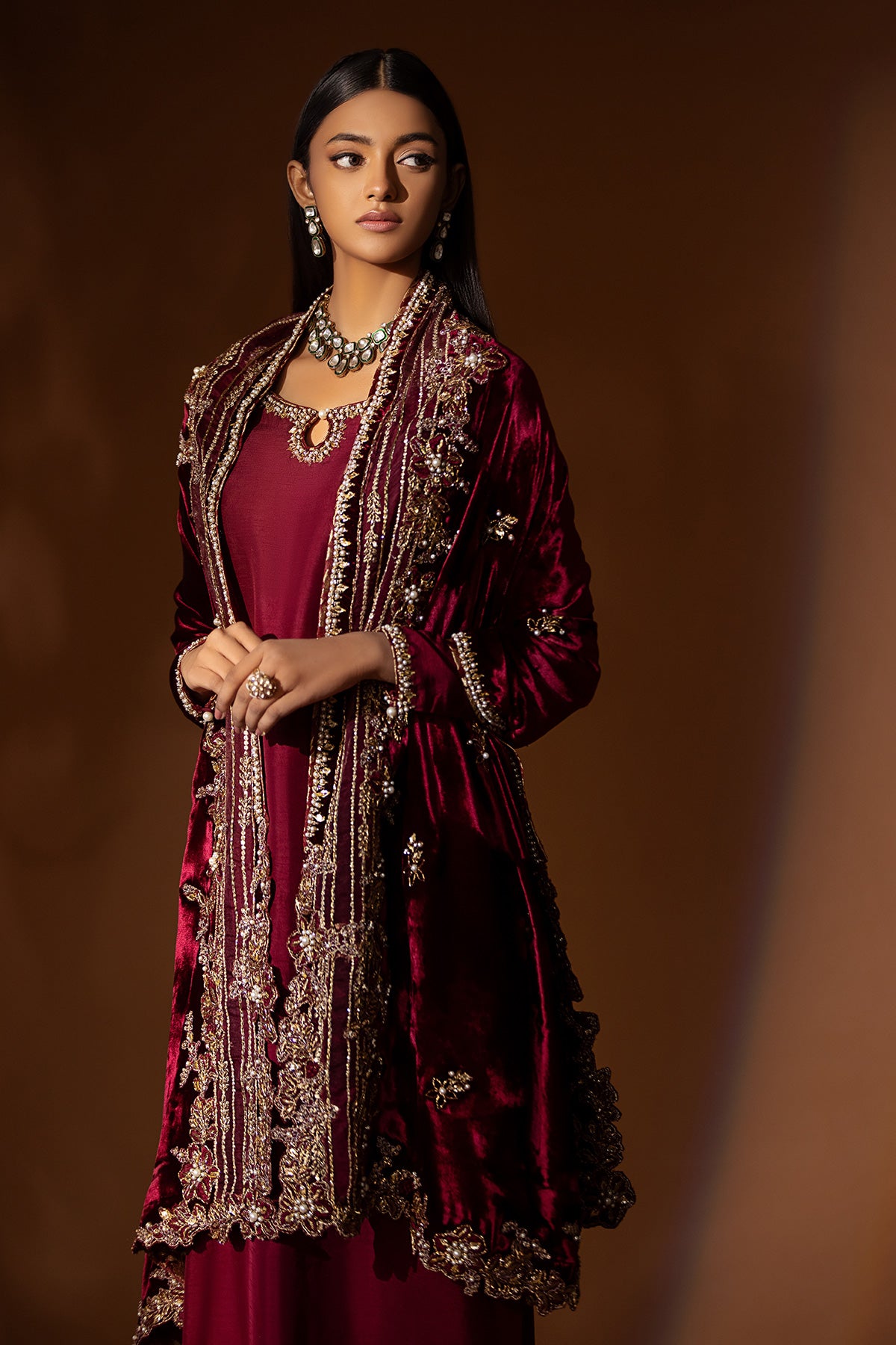 Pakistani Maroon Embroidered Velvet Shawl (1-Pc) - Image 1