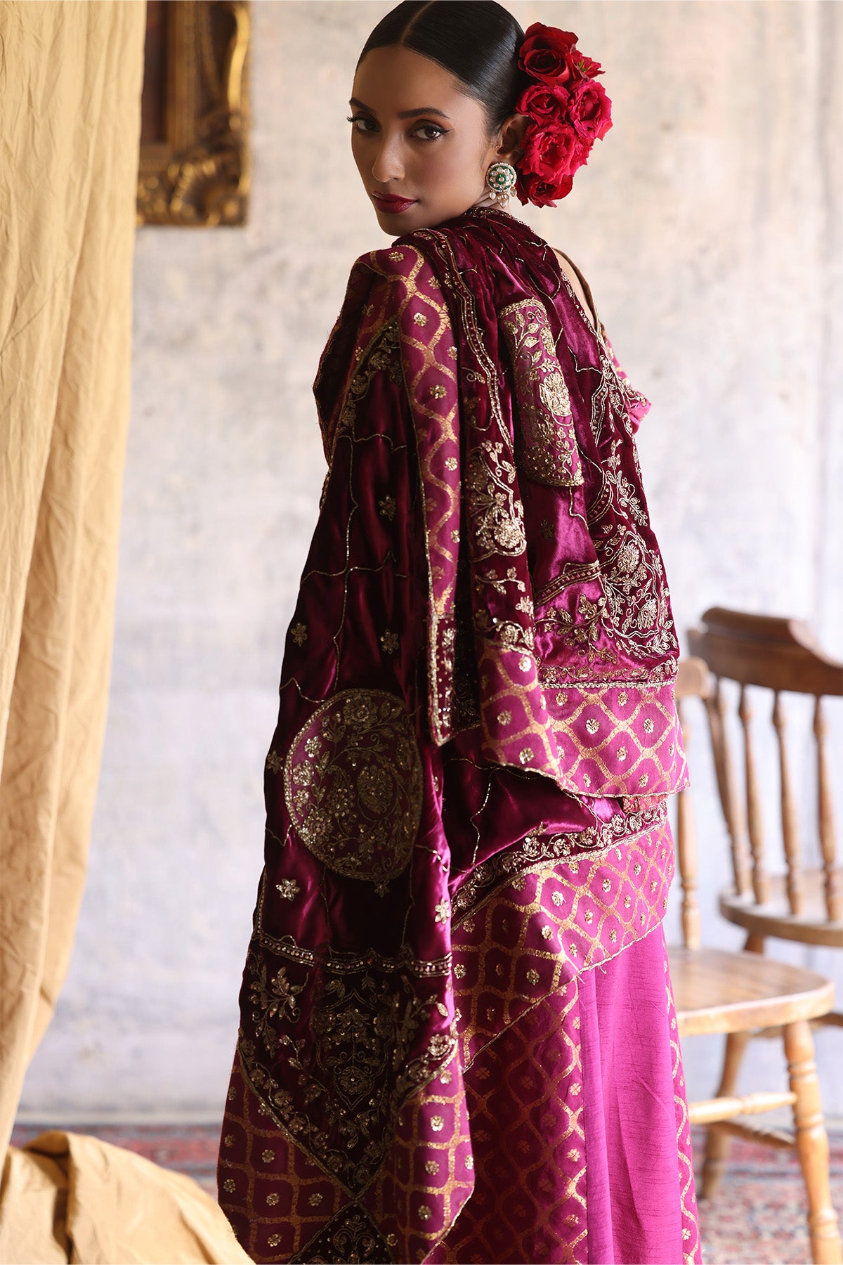 Maroon Zardozi Embroidered Velvet Shawl (1-Pc) - Image 1