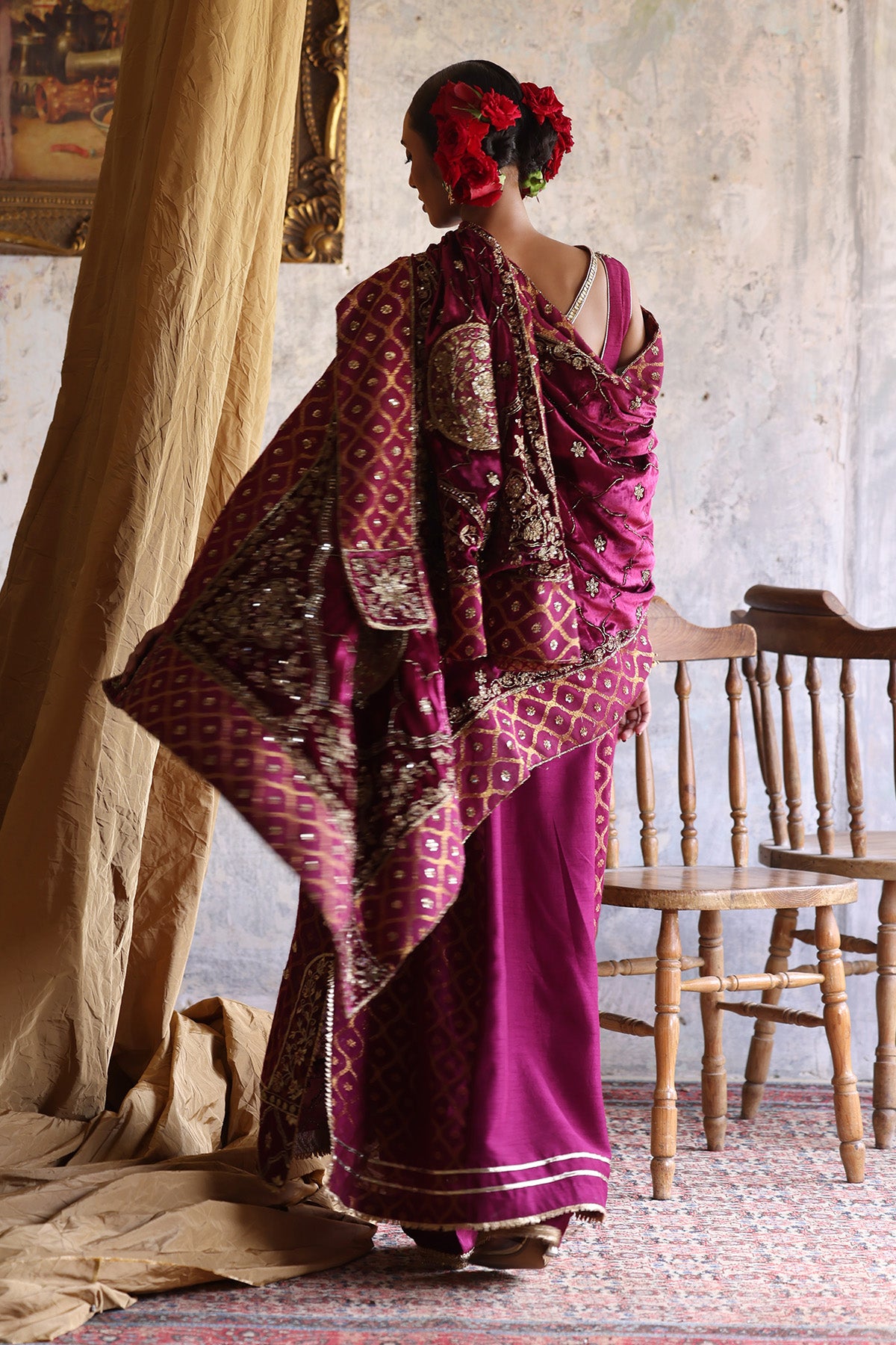 Maroon Zardozi Embroidered Velvet Shawl (1-Pc) - Image 2