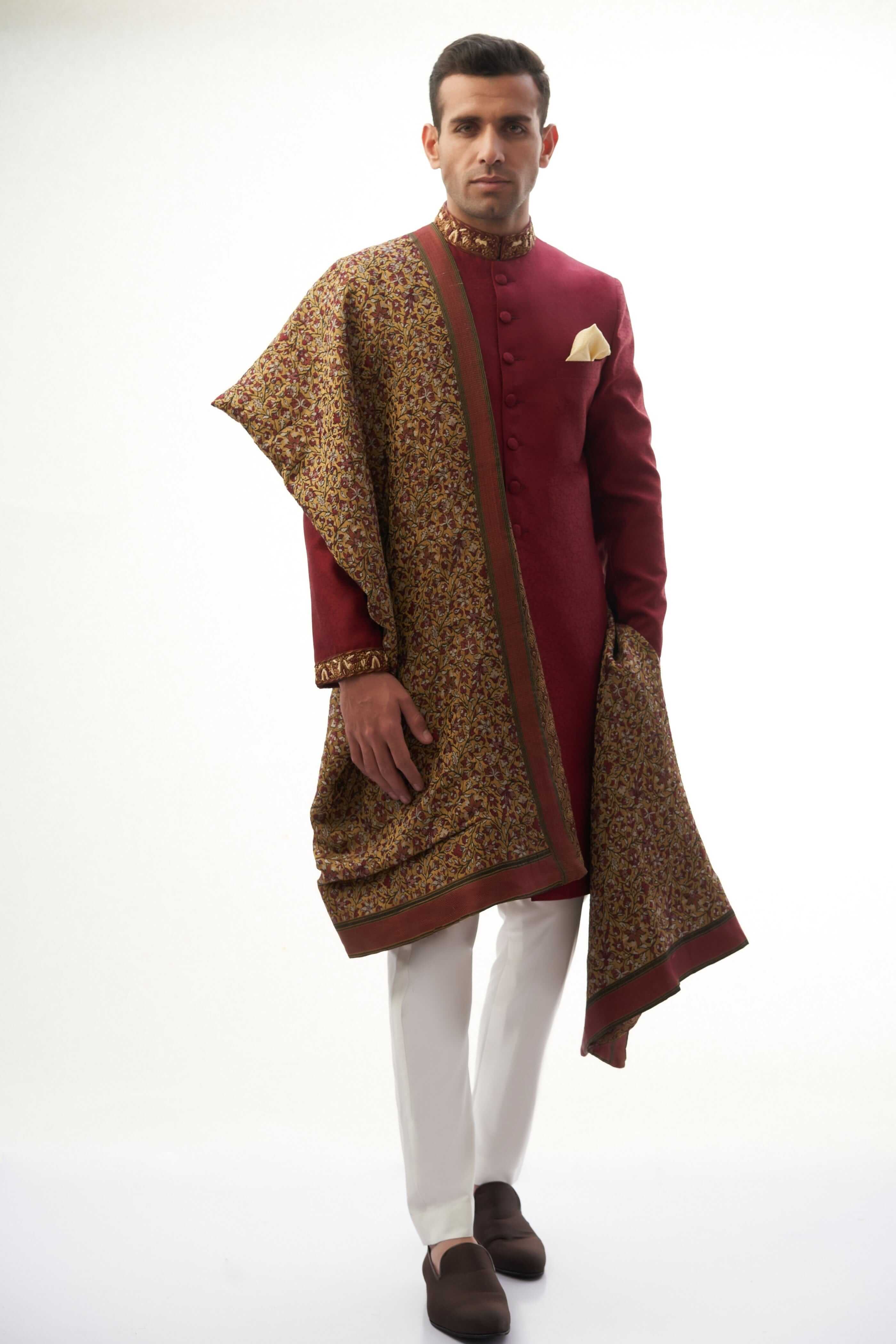 Maroon Zardozi Brocade Silk Sherwani (3-Piece) - Image 1