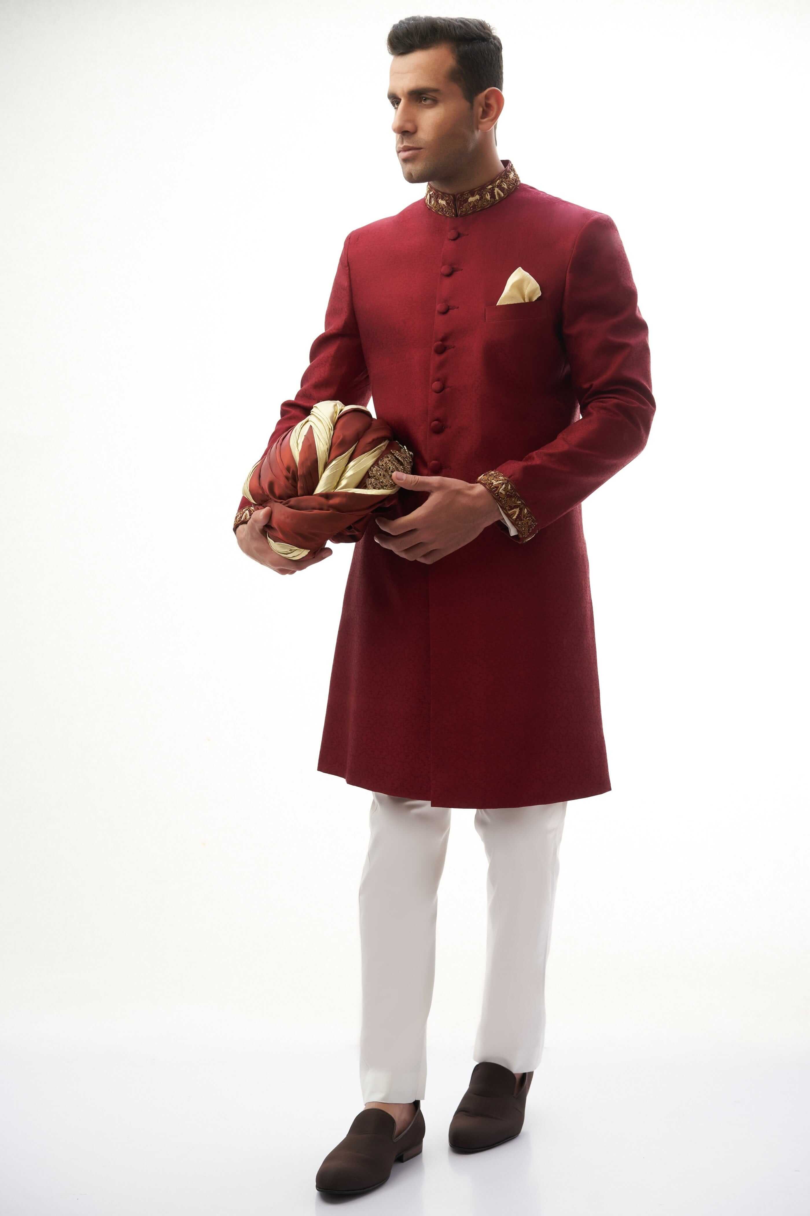 Maroon Zardozi Brocade Silk Sherwani (3-Piece) - Image 2