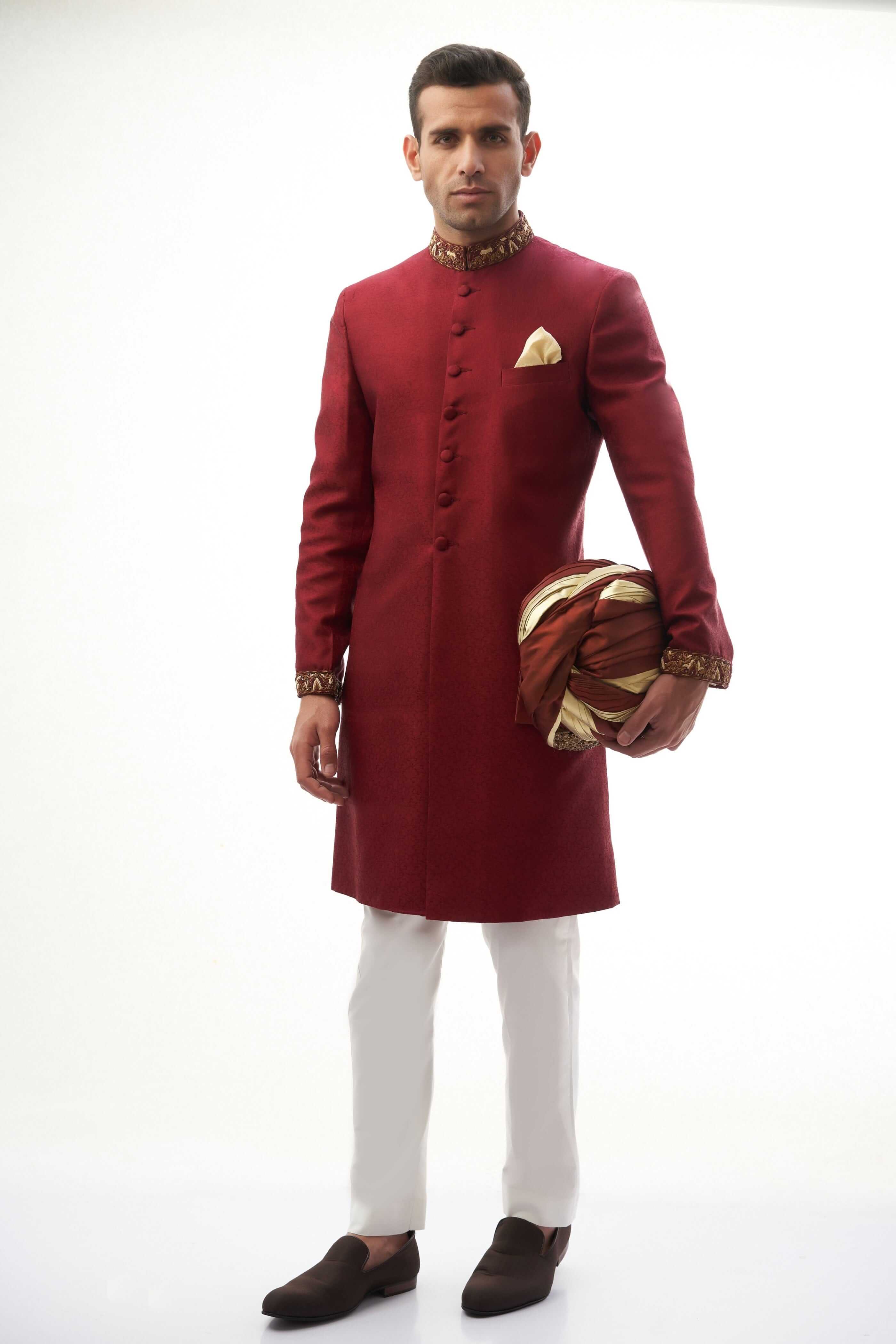 Maroon Zardozi Brocade Silk Sherwani (3-Piece) - Image 3