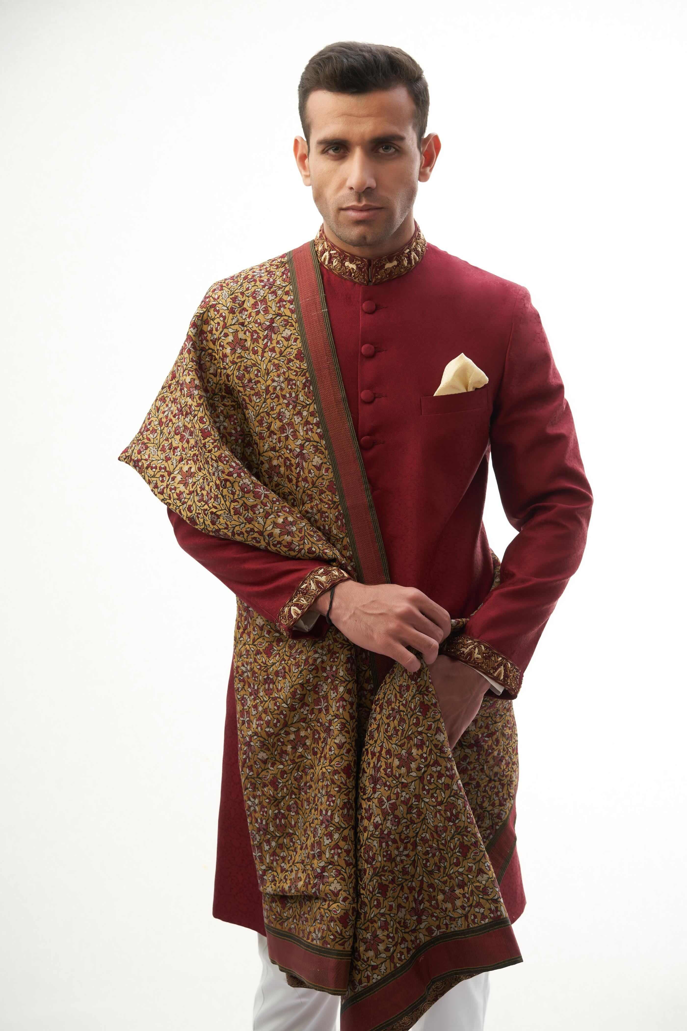 Maroon Zardozi Brocade Silk Sherwani (3-Piece) - Image 4