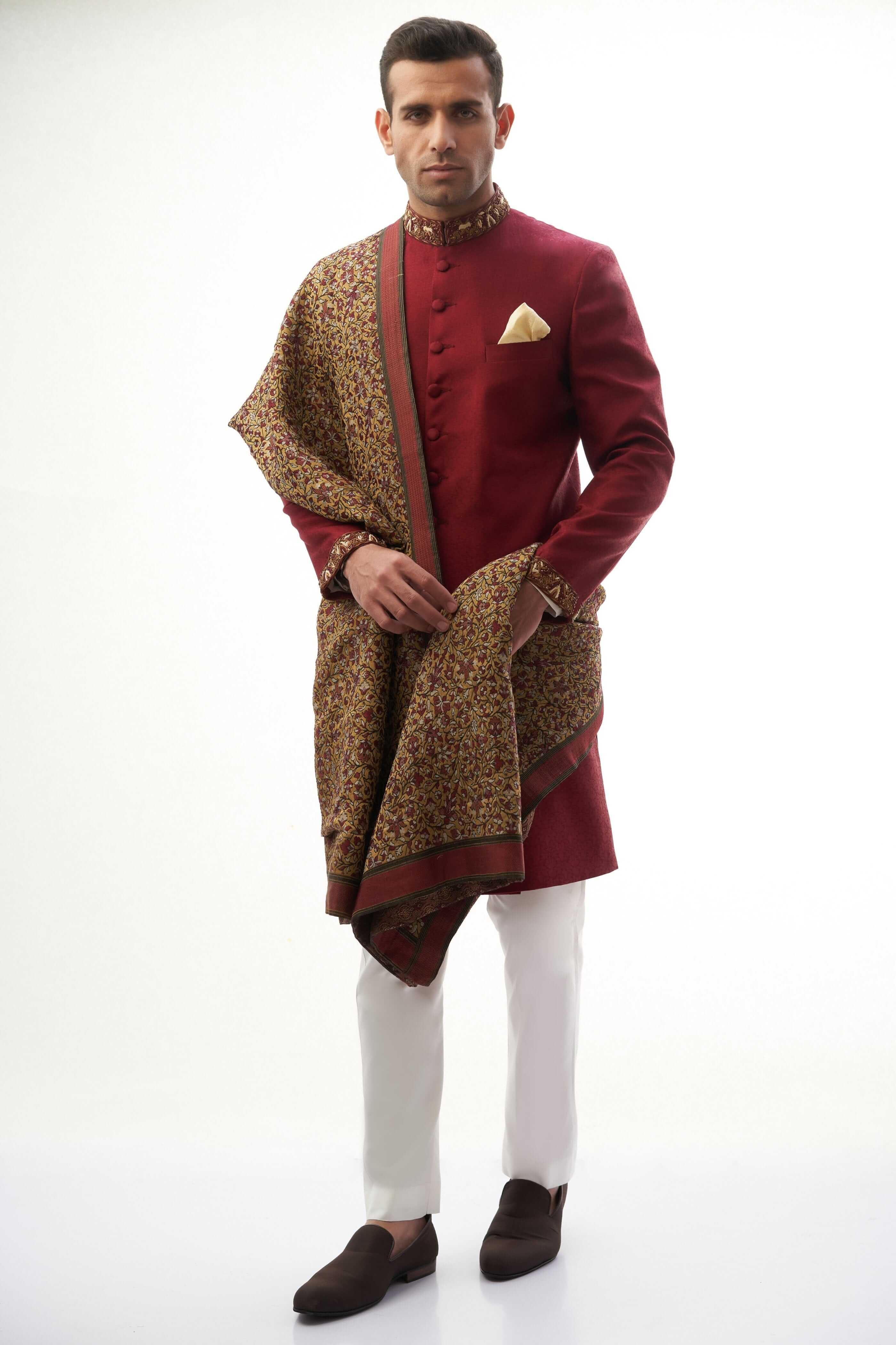 Maroon Zardozi Brocade Silk Sherwani (3-Piece) - Image 5