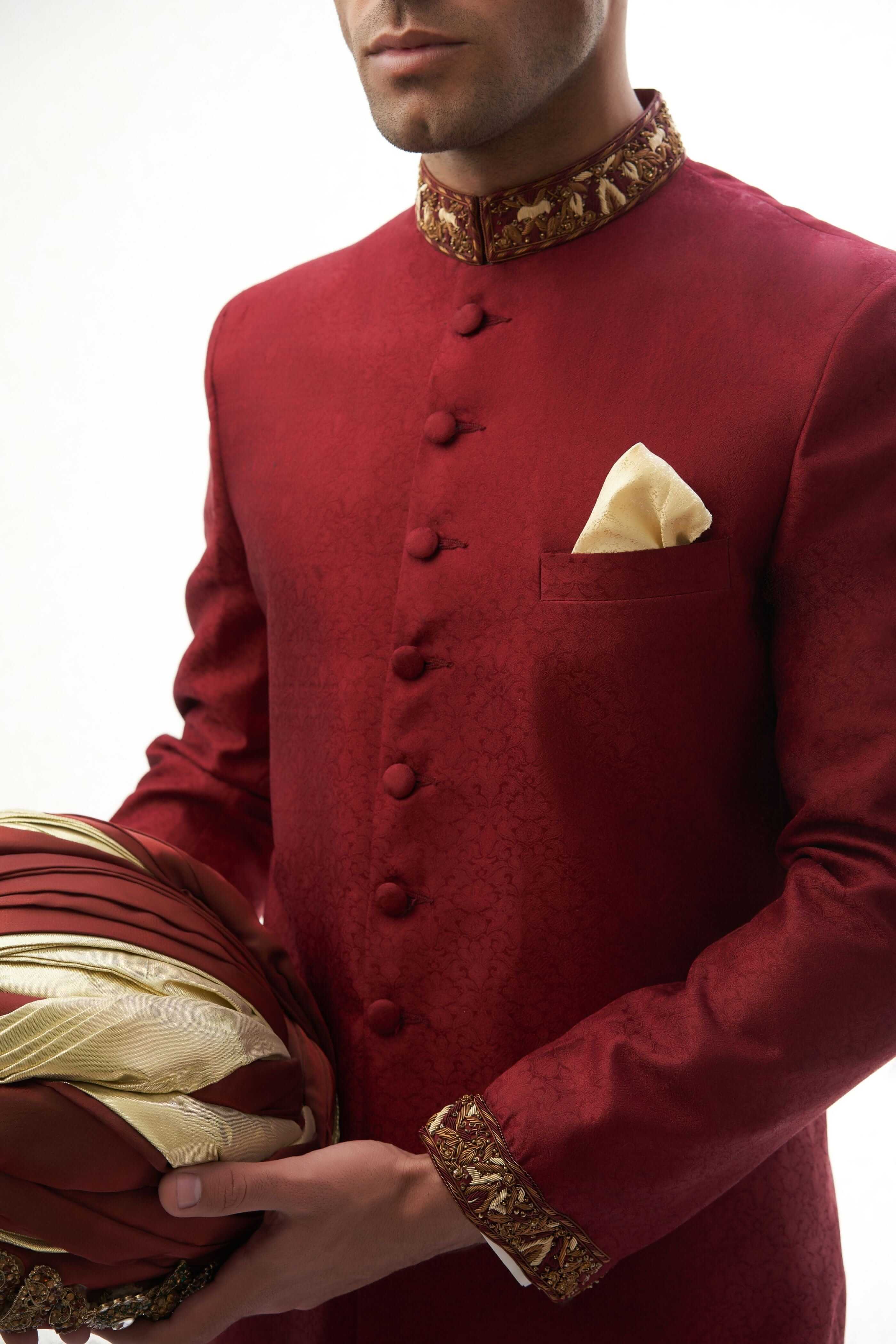 Maroon Zardozi Brocade Silk Sherwani (3-Piece) - Image 6