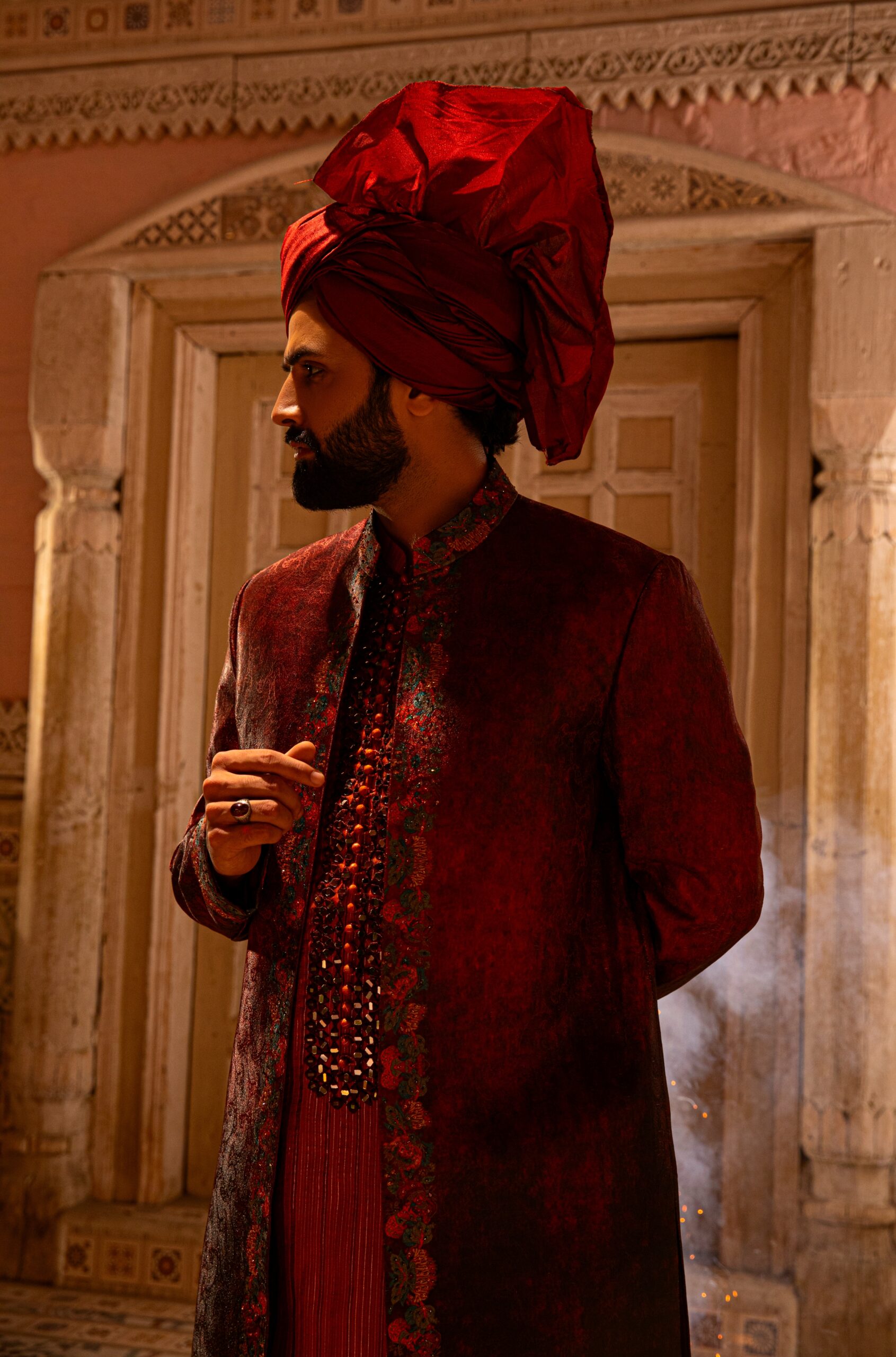 Deep Maroon Embroidered Silk-Blend Sherwani (2-Piece) - Image 1