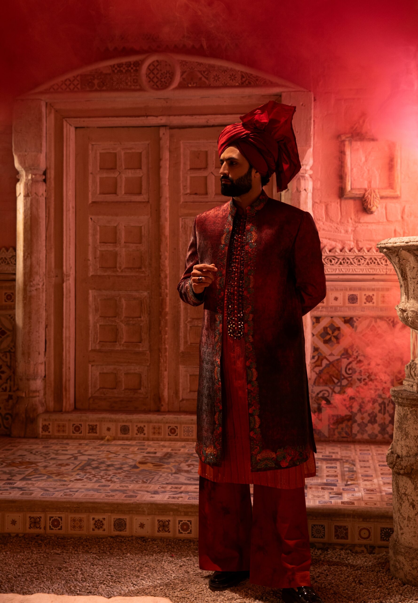 Deep Maroon Embroidered Silk-Blend Sherwani (2-Piece) - Image 3