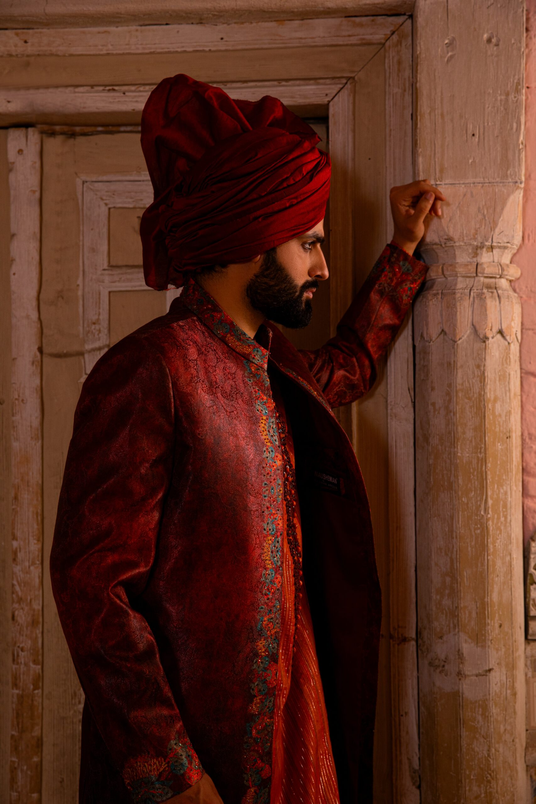 Deep Maroon Embroidered Silk-Blend Sherwani (2-Piece) - Image 4