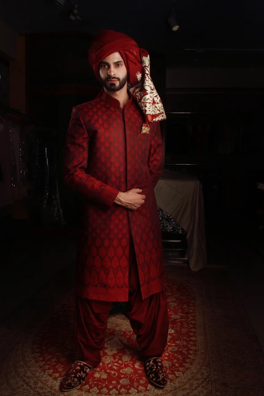 Deep Maroon Woven Jacquard Sherwani (3-Piece) - Image 1
