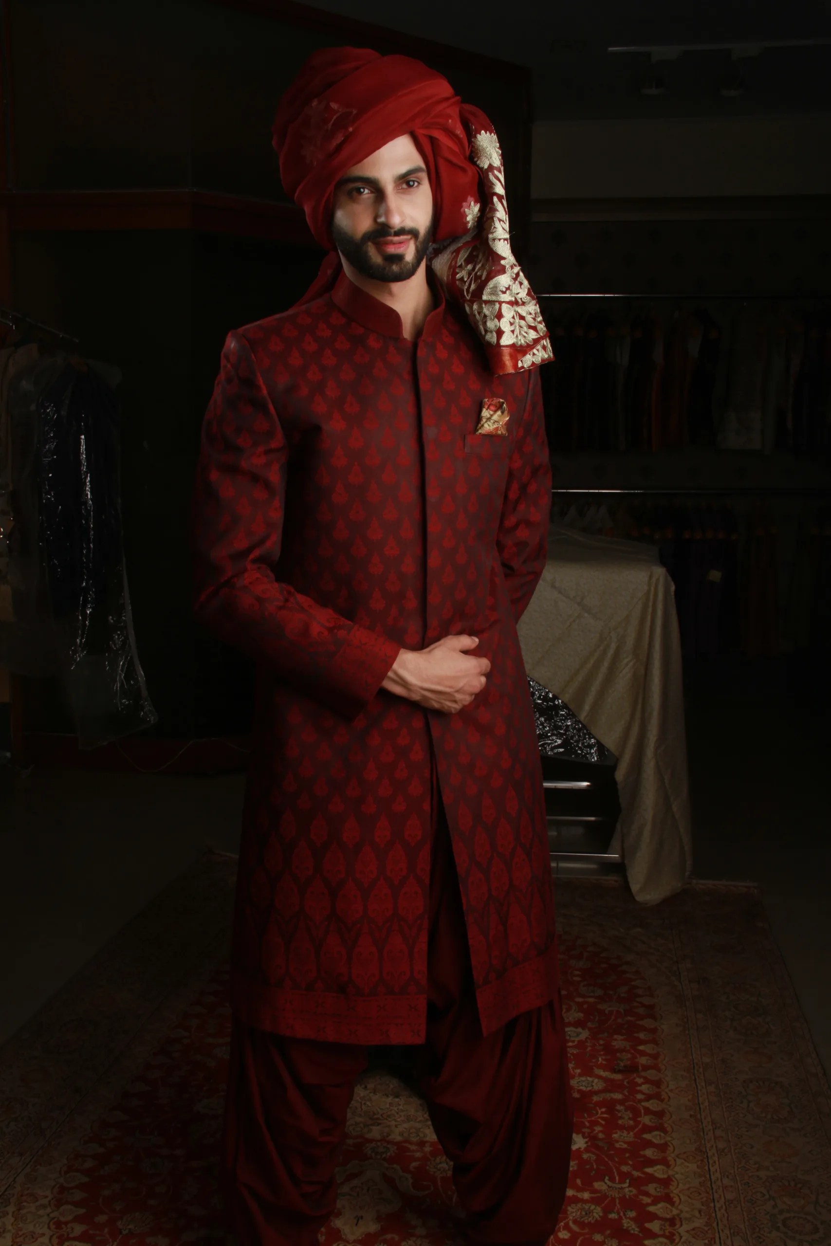 Deep Maroon Woven Jacquard Sherwani (3-Piece) - Image 2
