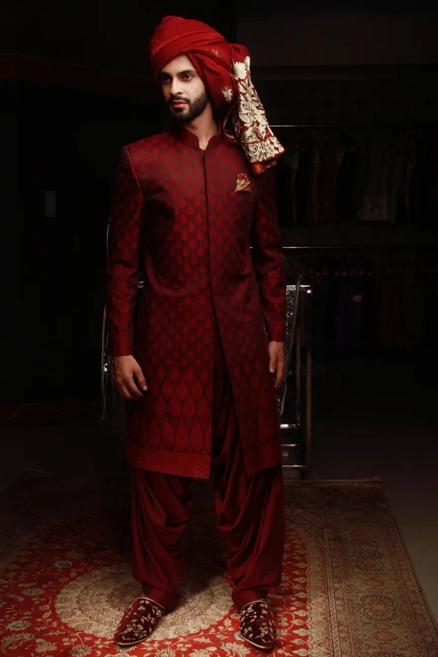 Deep Maroon Woven Jacquard Sherwani (3-Piece) - Image 3