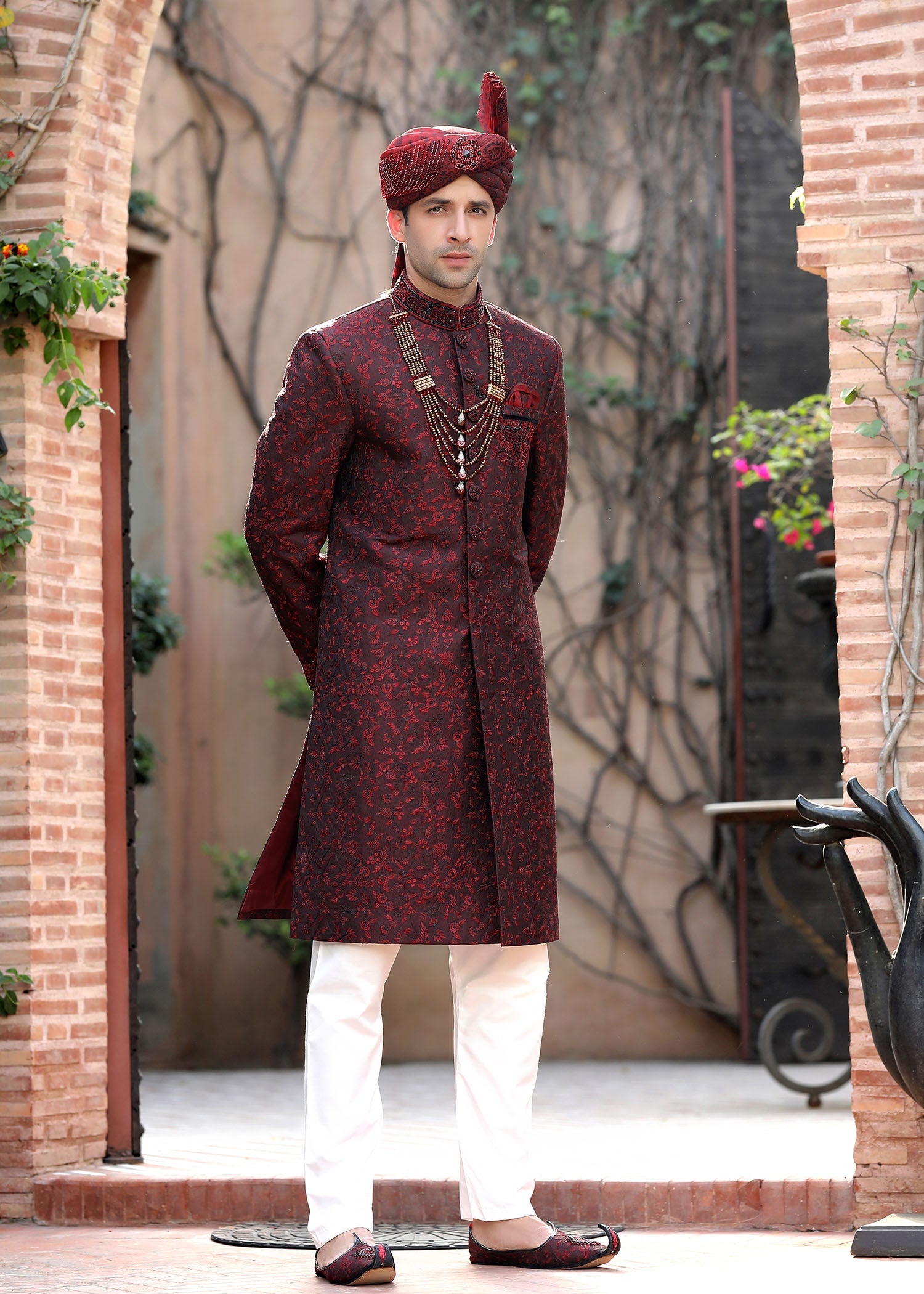 Maroon Hand-Embroidered Jamawar Sherwani (4-Piece) - Image 1