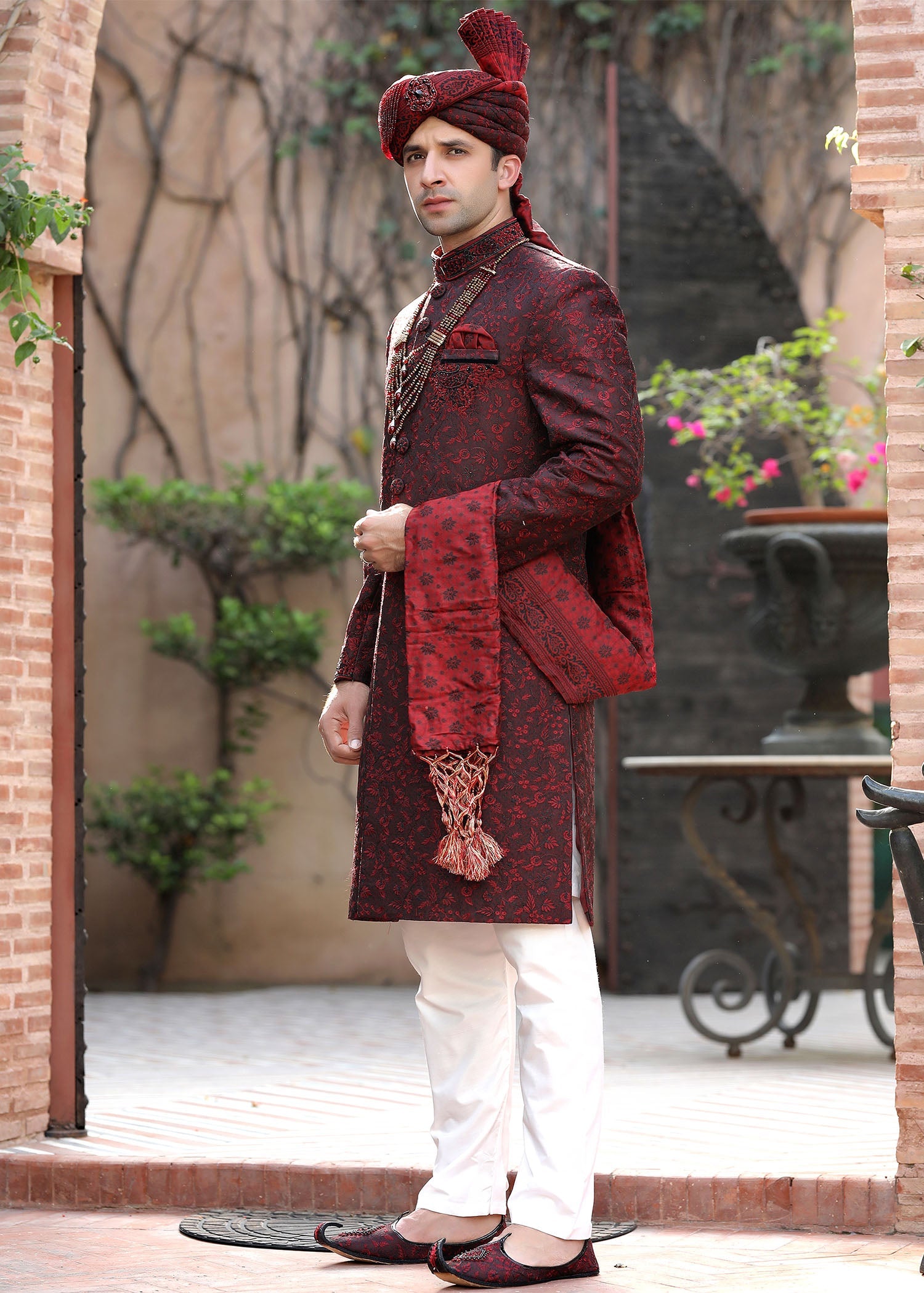 Maroon Hand-Embroidered Jamawar Sherwani (4-Piece) - Image 2