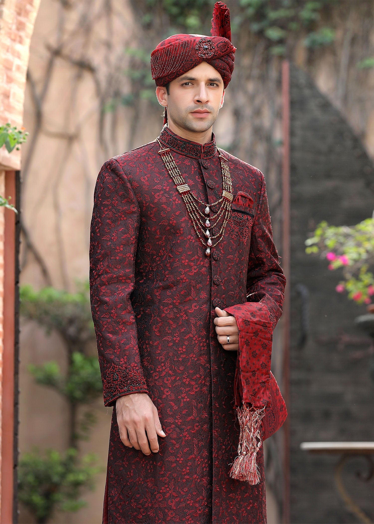 Maroon Hand-Embroidered Jamawar Sherwani (4-Piece) - Image 3