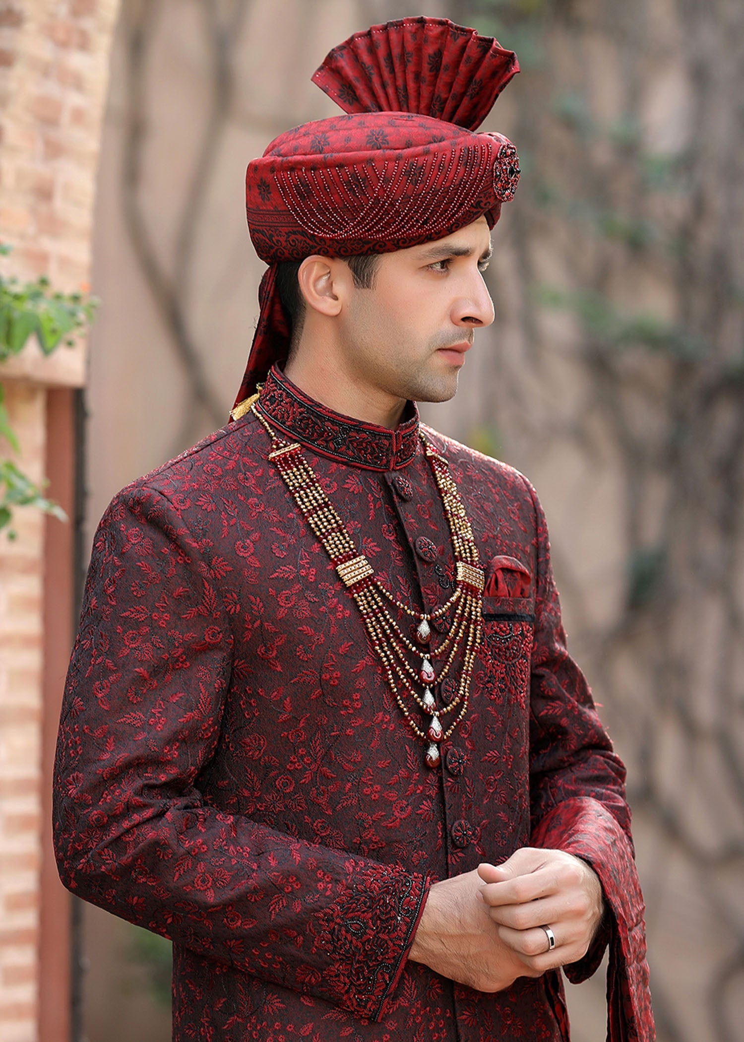Maroon Hand-Embroidered Jamawar Sherwani (4-Piece) - Image 4
