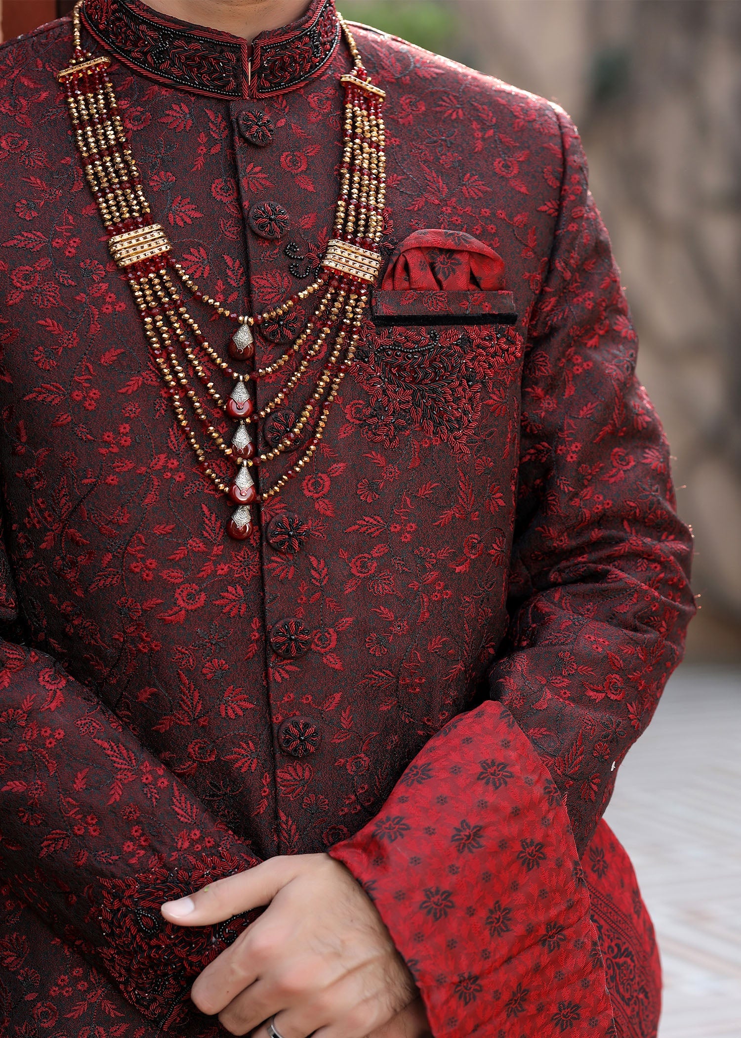 Maroon Hand-Embroidered Jamawar Sherwani (4-Piece) - Image 5