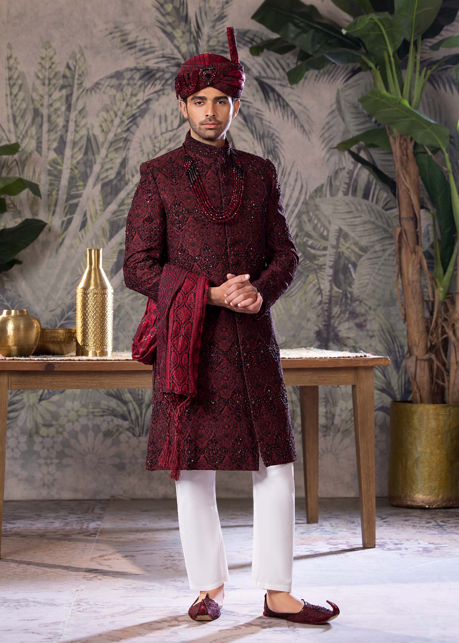 Maroon Hand-Embroidered Jamawar Sherwani (5-Piece) - Image 1