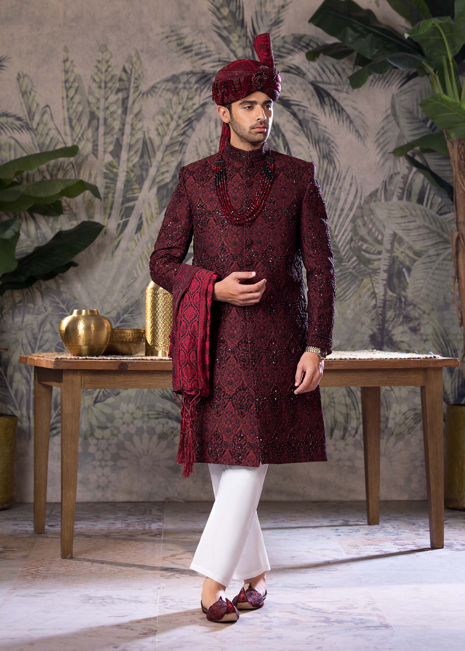 Maroon Hand-Embroidered Jamawar Sherwani (5-Piece) - Image 2