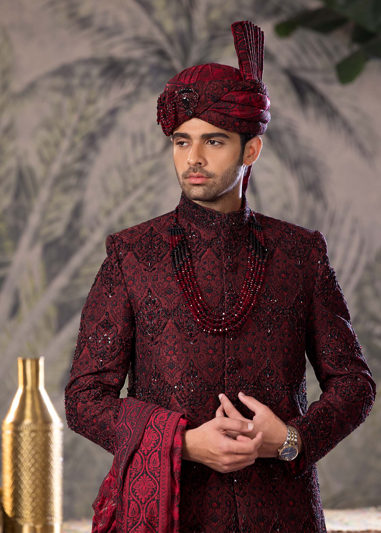 Maroon Hand-Embroidered Jamawar Sherwani (5-Piece) - Image 3